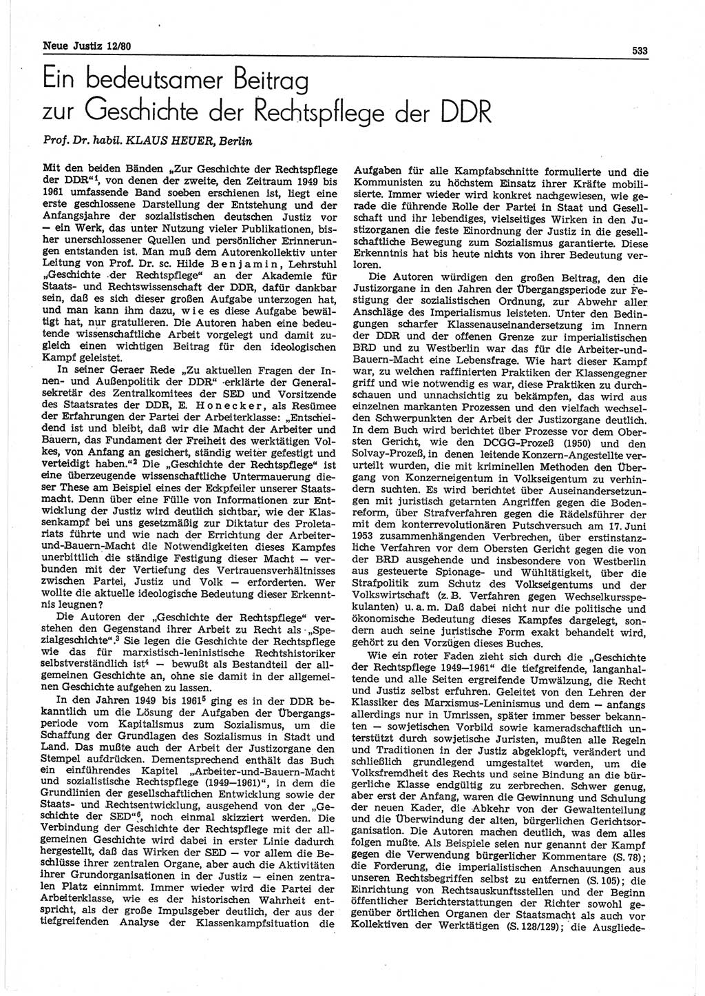 Neue Justiz (NJ), Zeitschrift für sozialistisches Recht und Gesetzlichkeit [Deutsche Demokratische Republik (DDR)], 34. Jahrgang 1980, Seite 533 (NJ DDR 1980, S. 533)