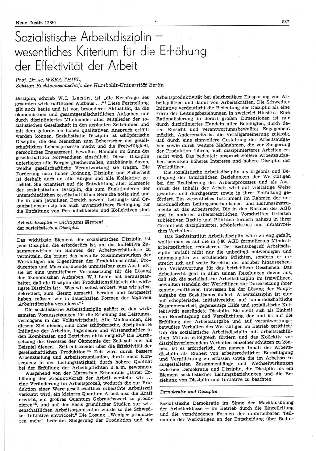 Neue Justiz (NJ), Zeitschrift für sozialistisches Recht und Gesetzlichkeit [Deutsche Demokratische Republik (DDR)], 34. Jahrgang 1980, Seite 537 (NJ DDR 1980, S. 537)