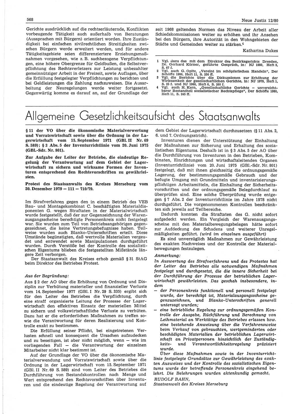 Neue Justiz (NJ), Zeitschrift für sozialistisches Recht und Gesetzlichkeit [Deutsche Demokratische Republik (DDR)], 34. Jahrgang 1980, Seite 568 (NJ DDR 1980, S. 568)