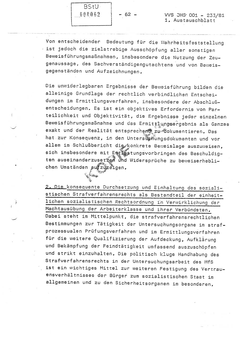 Dissertation Oberstleutnant Horst Zank (JHS), Oberstleutnant Dr. Karl-Heinz Knoblauch (JHS), Oberstleutnant Gustav-Adolf Kowalewski (HA Ⅸ), Oberstleutnant Wolfgang Plötner (HA Ⅸ), Ministerium für Staatssicherheit (MfS) [Deutsche Demokratische Republik (DDR)], Juristische Hochschule (JHS), Vertrauliche Verschlußsache (VVS) o001-233/81, Potsdam 1981, Blatt 62 (Diss. MfS DDR JHS VVS o001-233/81 1981, Bl. 62)