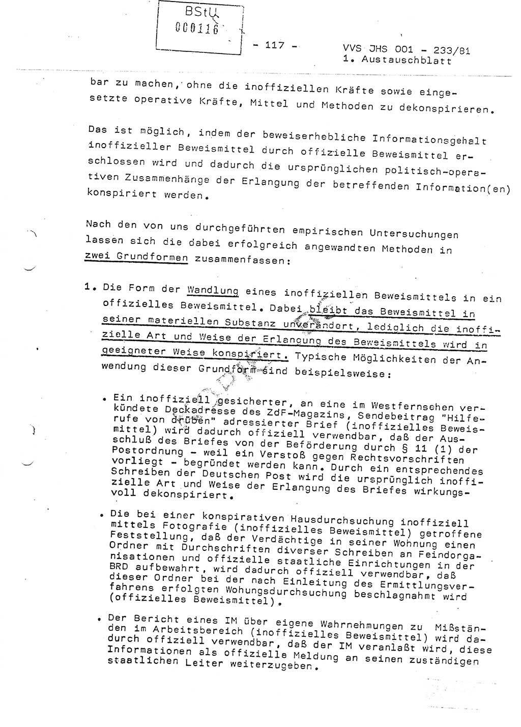 Dissertation Oberstleutnant Horst Zank (JHS), Oberstleutnant Dr. Karl-Heinz Knoblauch (JHS), Oberstleutnant Gustav-Adolf Kowalewski (HA Ⅸ), Oberstleutnant Wolfgang Plötner (HA Ⅸ), Ministerium für Staatssicherheit (MfS) [Deutsche Demokratische Republik (DDR)], Juristische Hochschule (JHS), Vertrauliche Verschlußsache (VVS) o001-233/81, Potsdam 1981, Blatt 117 (Diss. MfS DDR JHS VVS o001-233/81 1981, Bl. 117)