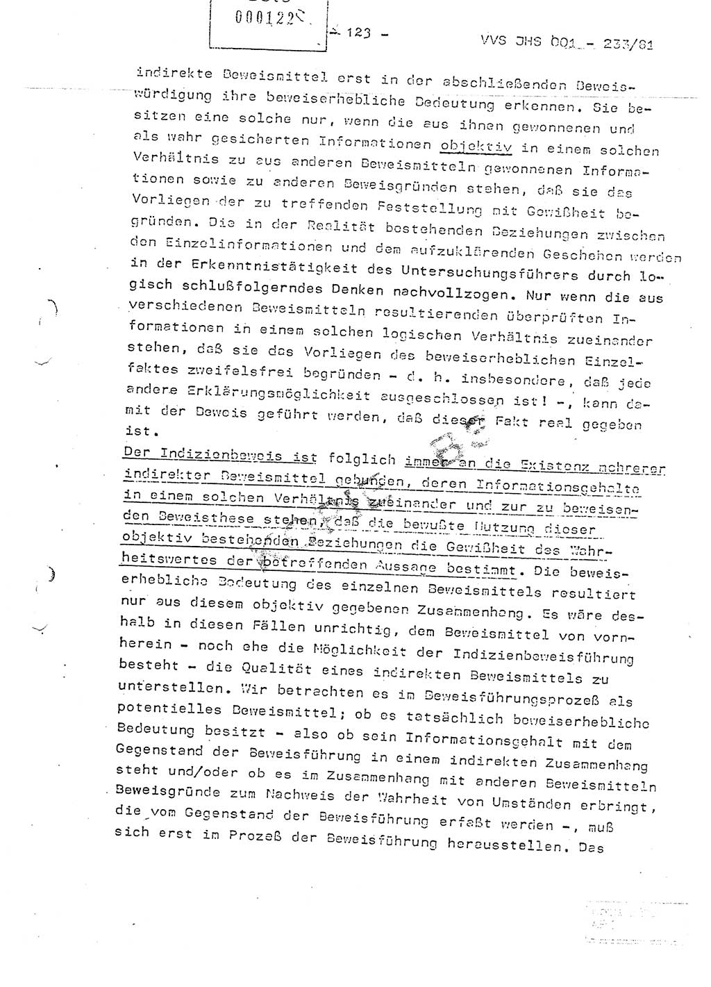 Dissertation Oberstleutnant Horst Zank (JHS), Oberstleutnant Dr. Karl-Heinz Knoblauch (JHS), Oberstleutnant Gustav-Adolf Kowalewski (HA Ⅸ), Oberstleutnant Wolfgang Plötner (HA Ⅸ), Ministerium für Staatssicherheit (MfS) [Deutsche Demokratische Republik (DDR)], Juristische Hochschule (JHS), Vertrauliche Verschlußsache (VVS) o001-233/81, Potsdam 1981, Blatt 123 (Diss. MfS DDR JHS VVS o001-233/81 1981, Bl. 123)