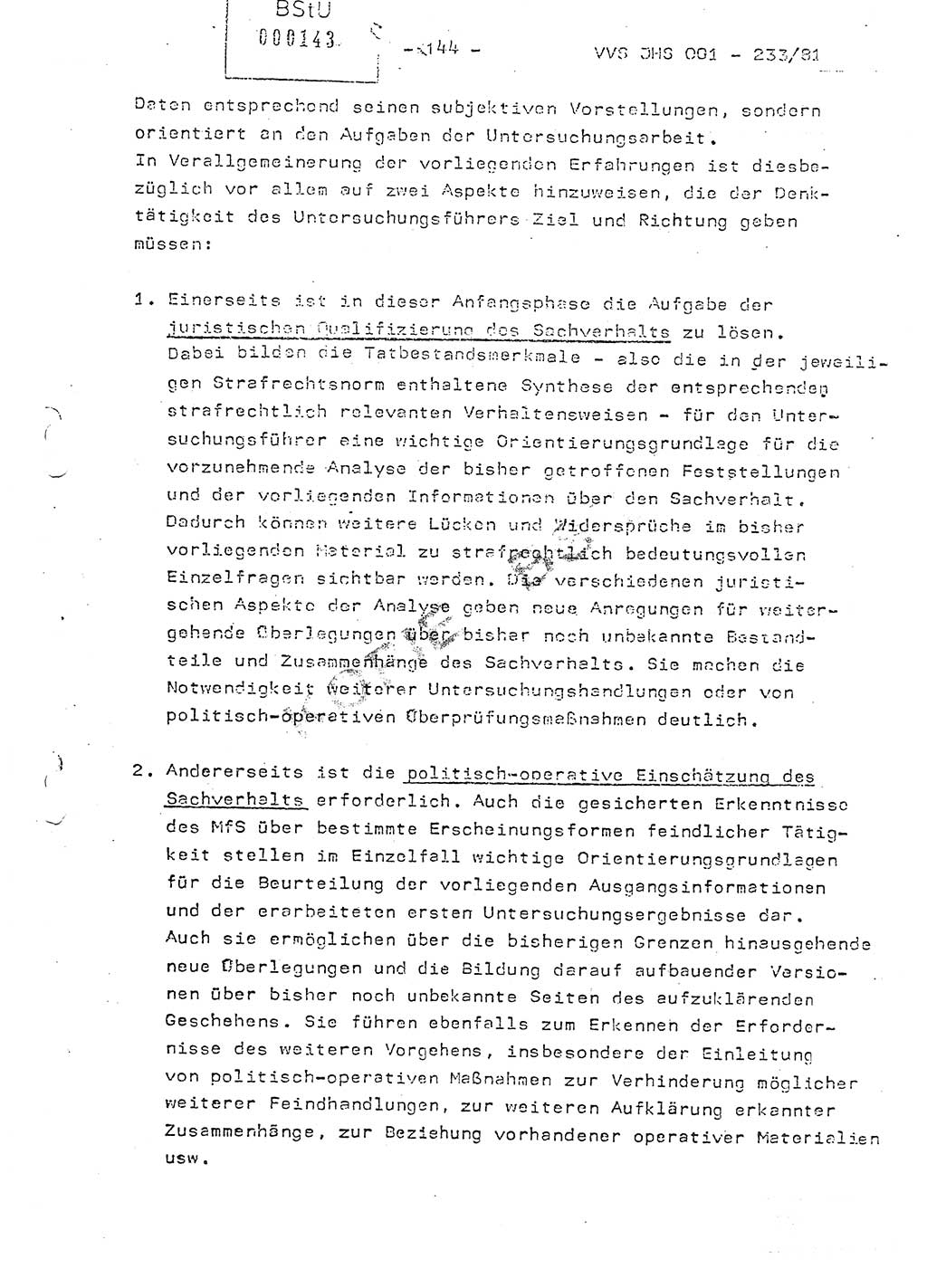 Dissertation Oberstleutnant Horst Zank (JHS), Oberstleutnant Dr. Karl-Heinz Knoblauch (JHS), Oberstleutnant Gustav-Adolf Kowalewski (HA Ⅸ), Oberstleutnant Wolfgang Plötner (HA Ⅸ), Ministerium für Staatssicherheit (MfS) [Deutsche Demokratische Republik (DDR)], Juristische Hochschule (JHS), Vertrauliche Verschlußsache (VVS) o001-233/81, Potsdam 1981, Blatt 144 (Diss. MfS DDR JHS VVS o001-233/81 1981, Bl. 144)