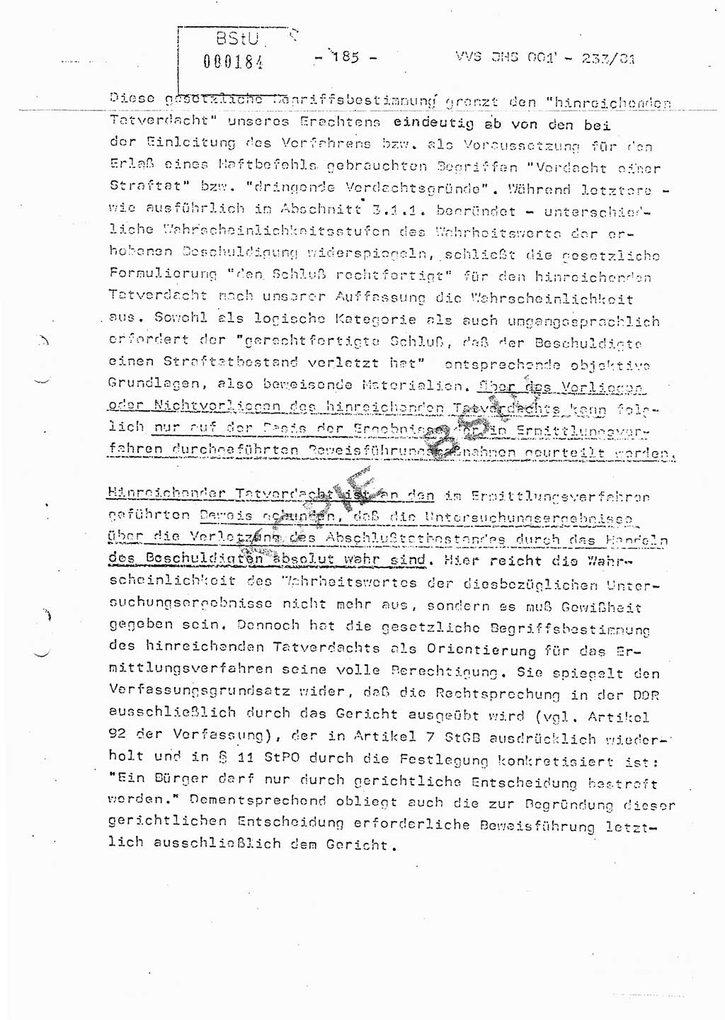 Dissertation Oberstleutnant Horst Zank (JHS), Oberstleutnant Dr. Karl-Heinz Knoblauch (JHS), Oberstleutnant Gustav-Adolf Kowalewski (HA Ⅸ), Oberstleutnant Wolfgang Plötner (HA Ⅸ), Ministerium für Staatssicherheit (MfS) [Deutsche Demokratische Republik (DDR)], Juristische Hochschule (JHS), Vertrauliche Verschlußsache (VVS) o001-233/81, Potsdam 1981, Blatt 185 (Diss. MfS DDR JHS VVS o001-233/81 1981, Bl. 185)