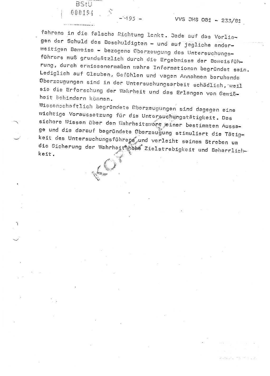 Dissertation Oberstleutnant Horst Zank (JHS), Oberstleutnant Dr. Karl-Heinz Knoblauch (JHS), Oberstleutnant Gustav-Adolf Kowalewski (HA Ⅸ), Oberstleutnant Wolfgang Plötner (HA Ⅸ), Ministerium für Staatssicherheit (MfS) [Deutsche Demokratische Republik (DDR)], Juristische Hochschule (JHS), Vertrauliche Verschlußsache (VVS) o001-233/81, Potsdam 1981, Blatt 195 (Diss. MfS DDR JHS VVS o001-233/81 1981, Bl. 195)