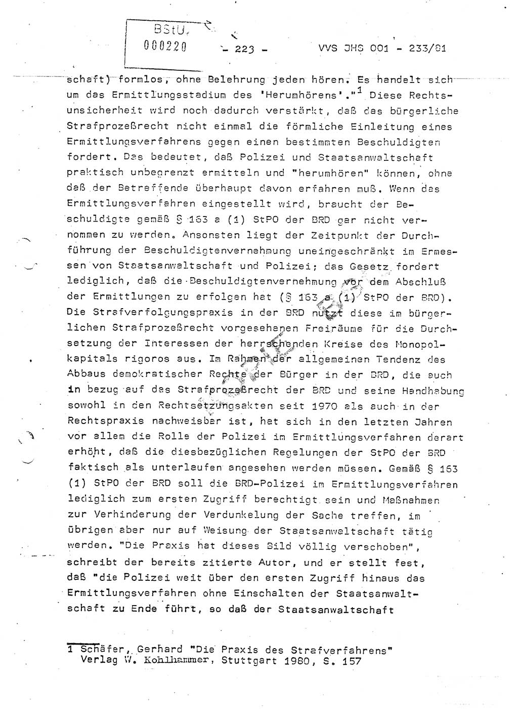 Dissertation Oberstleutnant Horst Zank (JHS), Oberstleutnant Dr. Karl-Heinz Knoblauch (JHS), Oberstleutnant Gustav-Adolf Kowalewski (HA Ⅸ), Oberstleutnant Wolfgang Plötner (HA Ⅸ), Ministerium für Staatssicherheit (MfS) [Deutsche Demokratische Republik (DDR)], Juristische Hochschule (JHS), Vertrauliche Verschlußsache (VVS) o001-233/81, Potsdam 1981, Blatt 223 (Diss. MfS DDR JHS VVS o001-233/81 1981, Bl. 223)