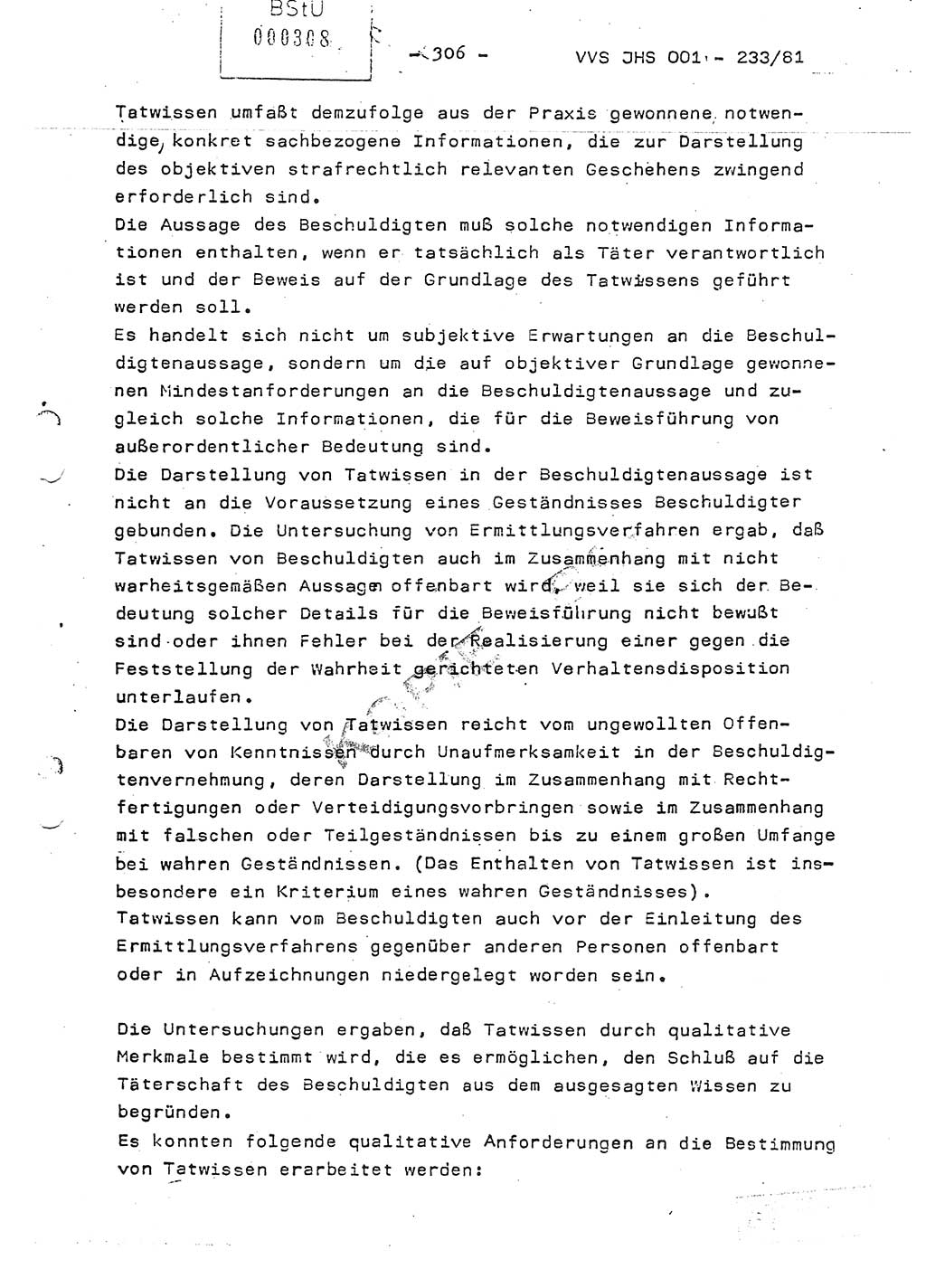 Dissertation Oberstleutnant Horst Zank (JHS), Oberstleutnant Dr. Karl-Heinz Knoblauch (JHS), Oberstleutnant Gustav-Adolf Kowalewski (HA Ⅸ), Oberstleutnant Wolfgang Plötner (HA Ⅸ), Ministerium für Staatssicherheit (MfS) [Deutsche Demokratische Republik (DDR)], Juristische Hochschule (JHS), Vertrauliche Verschlußsache (VVS) o001-233/81, Potsdam 1981, Blatt 306 (Diss. MfS DDR JHS VVS o001-233/81 1981, Bl. 306)
