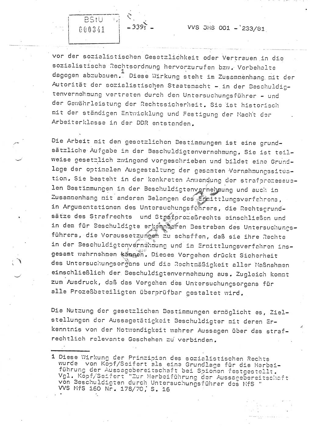 Dissertation Oberstleutnant Horst Zank (JHS), Oberstleutnant Dr. Karl-Heinz Knoblauch (JHS), Oberstleutnant Gustav-Adolf Kowalewski (HA Ⅸ), Oberstleutnant Wolfgang Plötner (HA Ⅸ), Ministerium für Staatssicherheit (MfS) [Deutsche Demokratische Republik (DDR)], Juristische Hochschule (JHS), Vertrauliche Verschlußsache (VVS) o001-233/81, Potsdam 1981, Blatt 339 (Diss. MfS DDR JHS VVS o001-233/81 1981, Bl. 339)