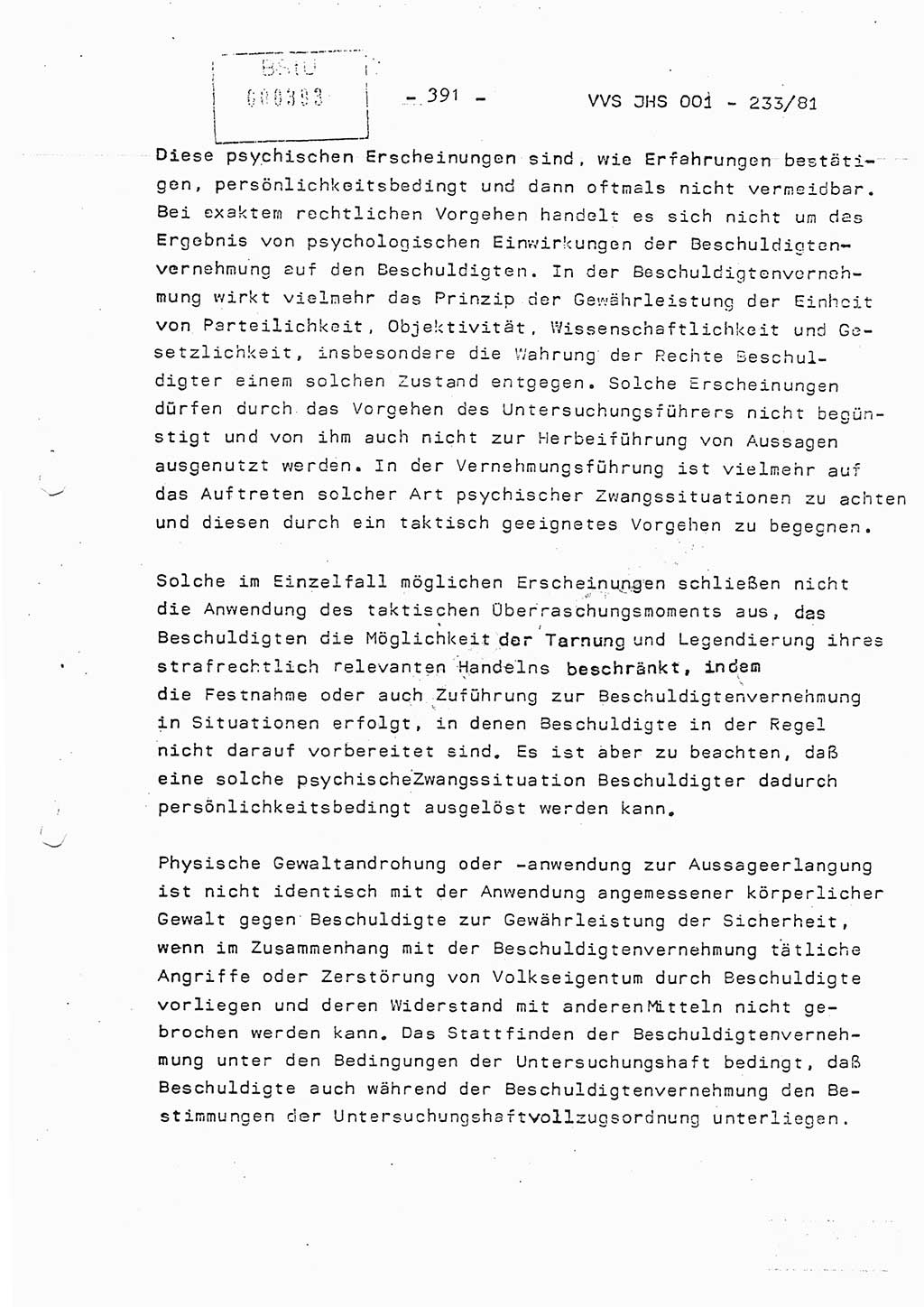 Dissertation Oberstleutnant Horst Zank (JHS), Oberstleutnant Dr. Karl-Heinz Knoblauch (JHS), Oberstleutnant Gustav-Adolf Kowalewski (HA Ⅸ), Oberstleutnant Wolfgang Plötner (HA Ⅸ), Ministerium für Staatssicherheit (MfS) [Deutsche Demokratische Republik (DDR)], Juristische Hochschule (JHS), Vertrauliche Verschlußsache (VVS) o001-233/81, Potsdam 1981, Blatt 391 (Diss. MfS DDR JHS VVS o001-233/81 1981, Bl. 391)