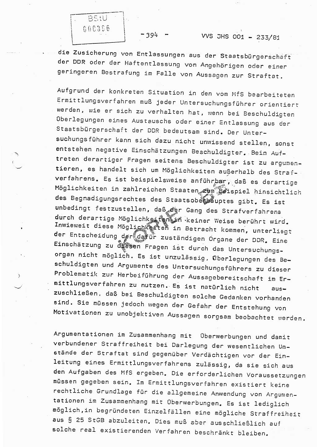 Dissertation Oberstleutnant Horst Zank (JHS), Oberstleutnant Dr. Karl-Heinz Knoblauch (JHS), Oberstleutnant Gustav-Adolf Kowalewski (HA Ⅸ), Oberstleutnant Wolfgang Plötner (HA Ⅸ), Ministerium für Staatssicherheit (MfS) [Deutsche Demokratische Republik (DDR)], Juristische Hochschule (JHS), Vertrauliche Verschlußsache (VVS) o001-233/81, Potsdam 1981, Blatt 394 (Diss. MfS DDR JHS VVS o001-233/81 1981, Bl. 394)