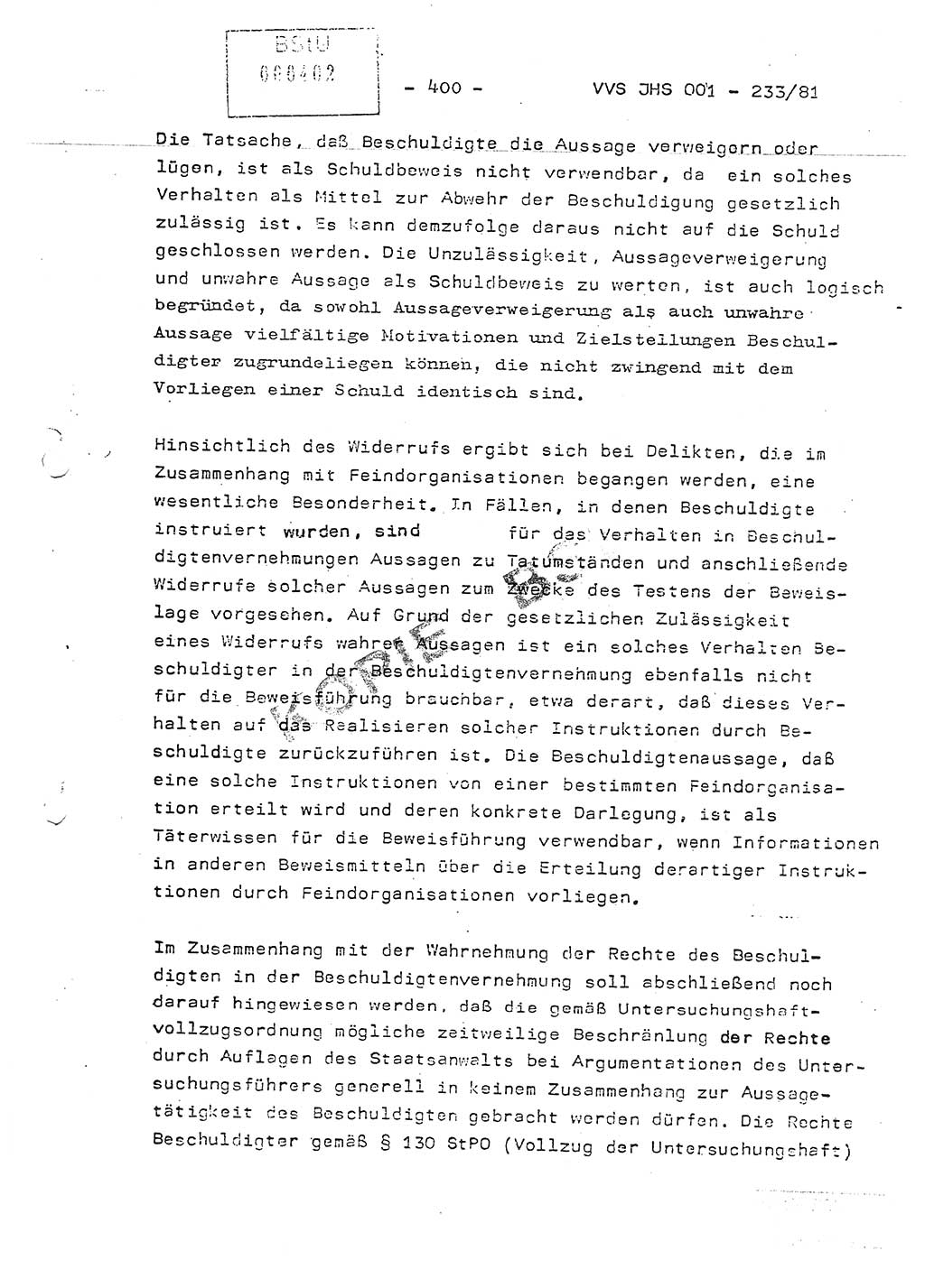 Dissertation Oberstleutnant Horst Zank (JHS), Oberstleutnant Dr. Karl-Heinz Knoblauch (JHS), Oberstleutnant Gustav-Adolf Kowalewski (HA Ⅸ), Oberstleutnant Wolfgang Plötner (HA Ⅸ), Ministerium für Staatssicherheit (MfS) [Deutsche Demokratische Republik (DDR)], Juristische Hochschule (JHS), Vertrauliche Verschlußsache (VVS) o001-233/81, Potsdam 1981, Blatt 400 (Diss. MfS DDR JHS VVS o001-233/81 1981, Bl. 400)