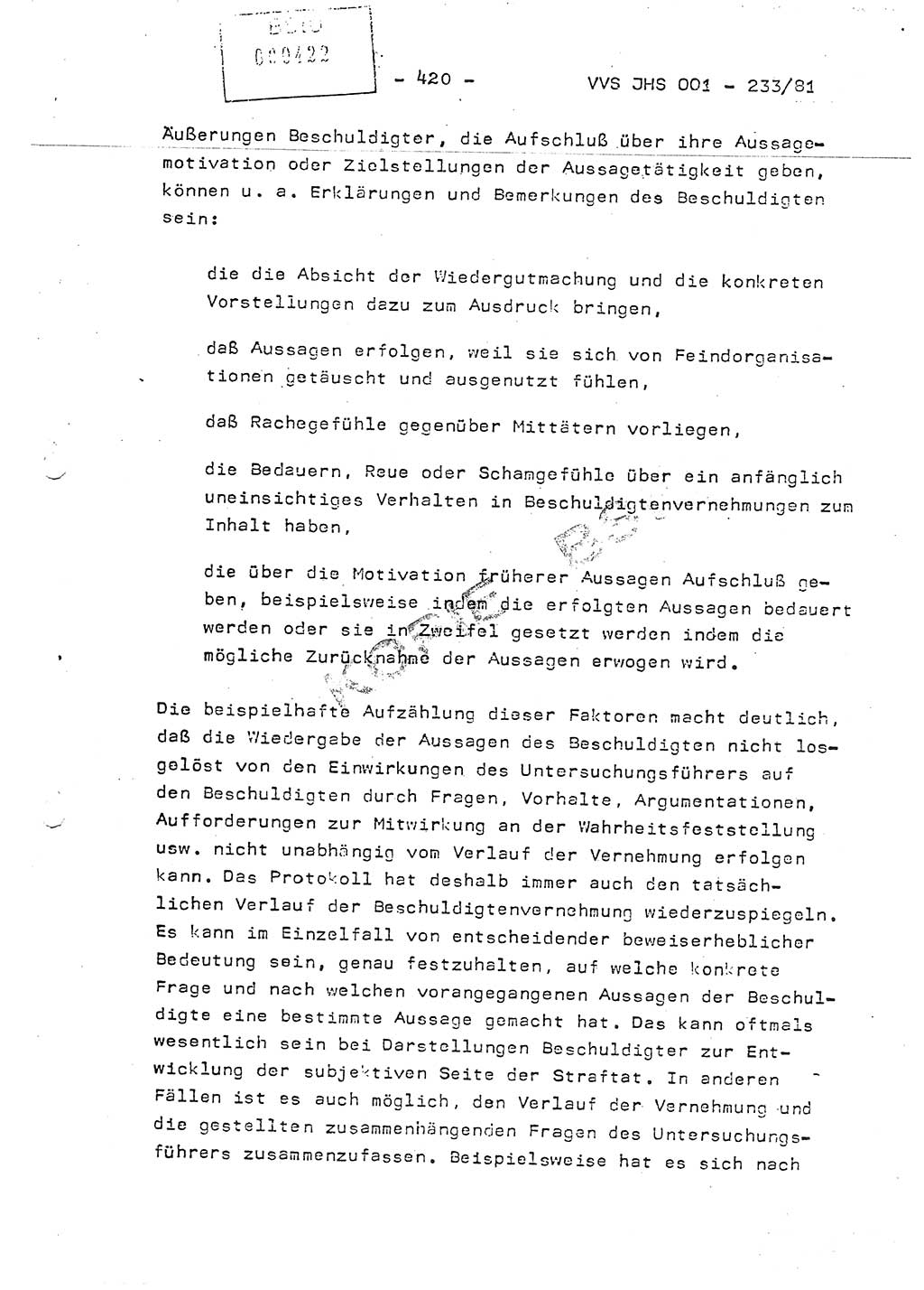 Dissertation Oberstleutnant Horst Zank (JHS), Oberstleutnant Dr. Karl-Heinz Knoblauch (JHS), Oberstleutnant Gustav-Adolf Kowalewski (HA Ⅸ), Oberstleutnant Wolfgang Plötner (HA Ⅸ), Ministerium für Staatssicherheit (MfS) [Deutsche Demokratische Republik (DDR)], Juristische Hochschule (JHS), Vertrauliche Verschlußsache (VVS) o001-233/81, Potsdam 1981, Blatt 420 (Diss. MfS DDR JHS VVS o001-233/81 1981, Bl. 420)