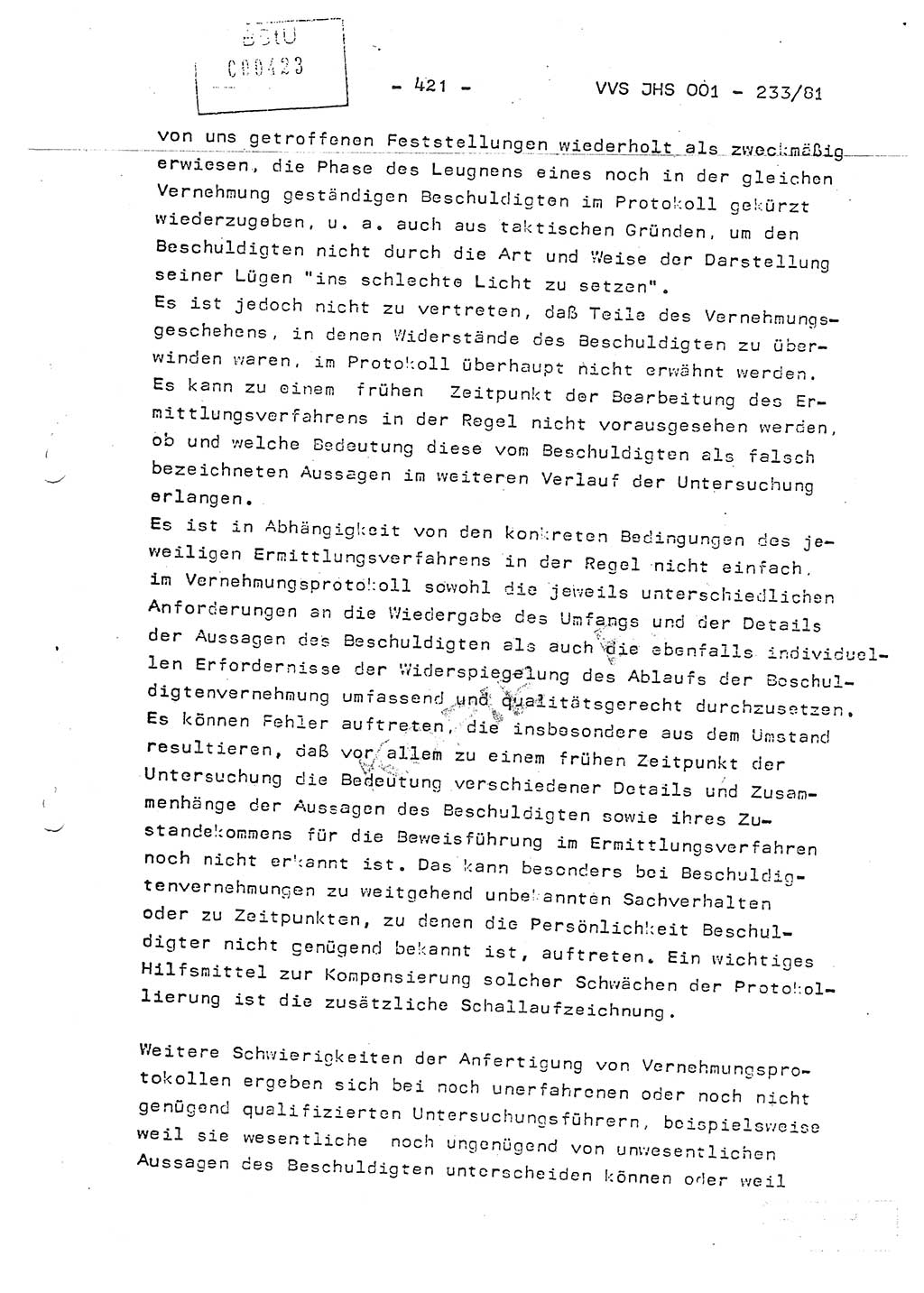 Dissertation Oberstleutnant Horst Zank (JHS), Oberstleutnant Dr. Karl-Heinz Knoblauch (JHS), Oberstleutnant Gustav-Adolf Kowalewski (HA Ⅸ), Oberstleutnant Wolfgang Plötner (HA Ⅸ), Ministerium für Staatssicherheit (MfS) [Deutsche Demokratische Republik (DDR)], Juristische Hochschule (JHS), Vertrauliche Verschlußsache (VVS) o001-233/81, Potsdam 1981, Blatt 421 (Diss. MfS DDR JHS VVS o001-233/81 1981, Bl. 421)