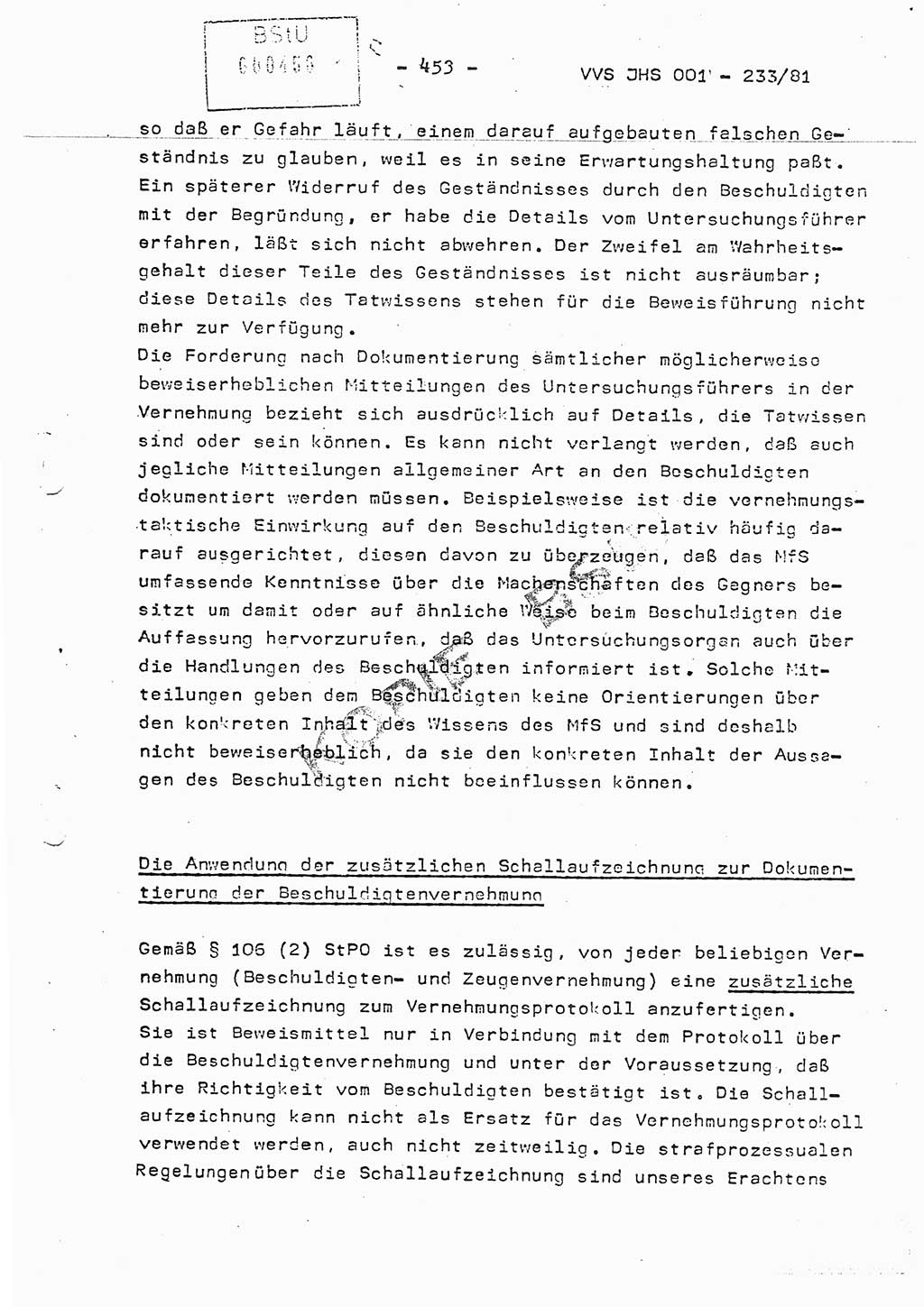 Dissertation Oberstleutnant Horst Zank (JHS), Oberstleutnant Dr. Karl-Heinz Knoblauch (JHS), Oberstleutnant Gustav-Adolf Kowalewski (HA Ⅸ), Oberstleutnant Wolfgang Plötner (HA Ⅸ), Ministerium für Staatssicherheit (MfS) [Deutsche Demokratische Republik (DDR)], Juristische Hochschule (JHS), Vertrauliche Verschlußsache (VVS) o001-233/81, Potsdam 1981, Blatt 453 (Diss. MfS DDR JHS VVS o001-233/81 1981, Bl. 453)
