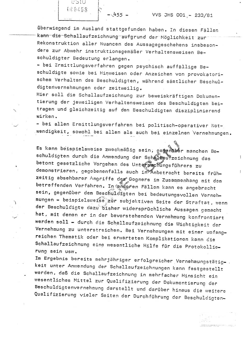 Dissertation Oberstleutnant Horst Zank (JHS), Oberstleutnant Dr. Karl-Heinz Knoblauch (JHS), Oberstleutnant Gustav-Adolf Kowalewski (HA Ⅸ), Oberstleutnant Wolfgang Plötner (HA Ⅸ), Ministerium für Staatssicherheit (MfS) [Deutsche Demokratische Republik (DDR)], Juristische Hochschule (JHS), Vertrauliche Verschlußsache (VVS) o001-233/81, Potsdam 1981, Blatt 455 (Diss. MfS DDR JHS VVS o001-233/81 1981, Bl. 455)
