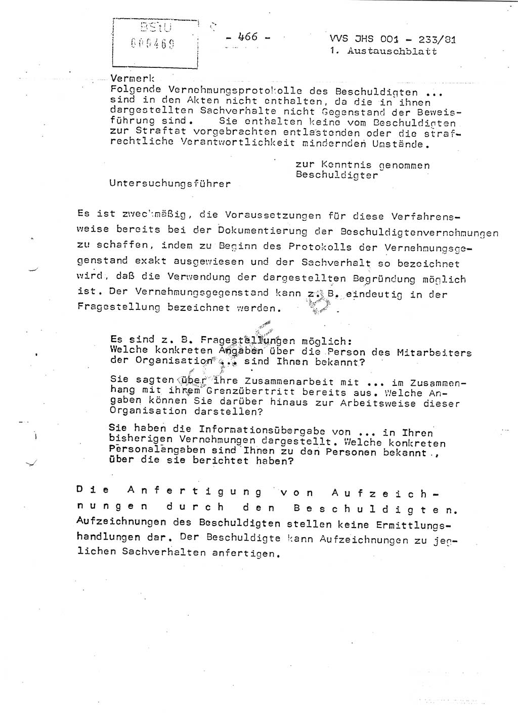 Dissertation Oberstleutnant Horst Zank (JHS), Oberstleutnant Dr. Karl-Heinz Knoblauch (JHS), Oberstleutnant Gustav-Adolf Kowalewski (HA Ⅸ), Oberstleutnant Wolfgang Plötner (HA Ⅸ), Ministerium für Staatssicherheit (MfS) [Deutsche Demokratische Republik (DDR)], Juristische Hochschule (JHS), Vertrauliche Verschlußsache (VVS) o001-233/81, Potsdam 1981, Blatt 466 (Diss. MfS DDR JHS VVS o001-233/81 1981, Bl. 466)