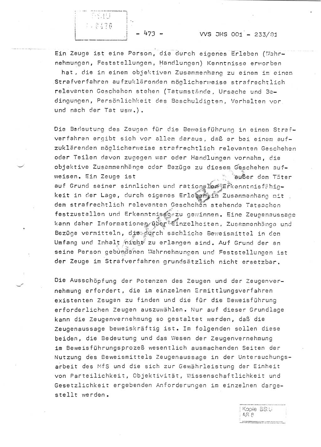 Dissertation Oberstleutnant Horst Zank (JHS), Oberstleutnant Dr. Karl-Heinz Knoblauch (JHS), Oberstleutnant Gustav-Adolf Kowalewski (HA Ⅸ), Oberstleutnant Wolfgang Plötner (HA Ⅸ), Ministerium für Staatssicherheit (MfS) [Deutsche Demokratische Republik (DDR)], Juristische Hochschule (JHS), Vertrauliche Verschlußsache (VVS) o001-233/81, Potsdam 1981, Blatt 473 (Diss. MfS DDR JHS VVS o001-233/81 1981, Bl. 473)