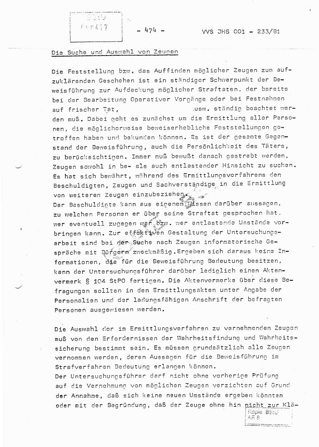 Dissertation Oberstleutnant Horst Zank (JHS), Oberstleutnant Dr. Karl-Heinz Knoblauch (JHS), Oberstleutnant Gustav-Adolf Kowalewski (HA Ⅸ), Oberstleutnant Wolfgang Plötner (HA Ⅸ), Ministerium für Staatssicherheit (MfS) [Deutsche Demokratische Republik (DDR)], Juristische Hochschule (JHS), Vertrauliche Verschlußsache (VVS) o001-233/81, Potsdam 1981, Blatt 474 (Diss. MfS DDR JHS VVS o001-233/81 1981, Bl. 474)