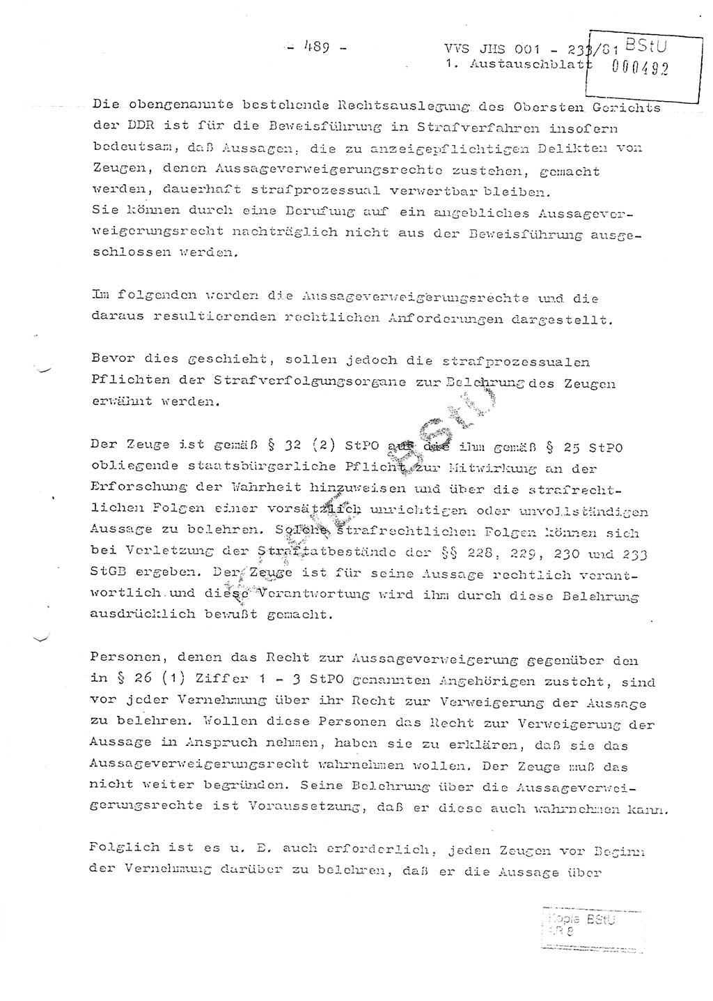 Dissertation Oberstleutnant Horst Zank (JHS), Oberstleutnant Dr. Karl-Heinz Knoblauch (JHS), Oberstleutnant Gustav-Adolf Kowalewski (HA Ⅸ), Oberstleutnant Wolfgang Plötner (HA Ⅸ), Ministerium für Staatssicherheit (MfS) [Deutsche Demokratische Republik (DDR)], Juristische Hochschule (JHS), Vertrauliche Verschlußsache (VVS) o001-233/81, Potsdam 1981, Blatt 489 (Diss. MfS DDR JHS VVS o001-233/81 1981, Bl. 489)