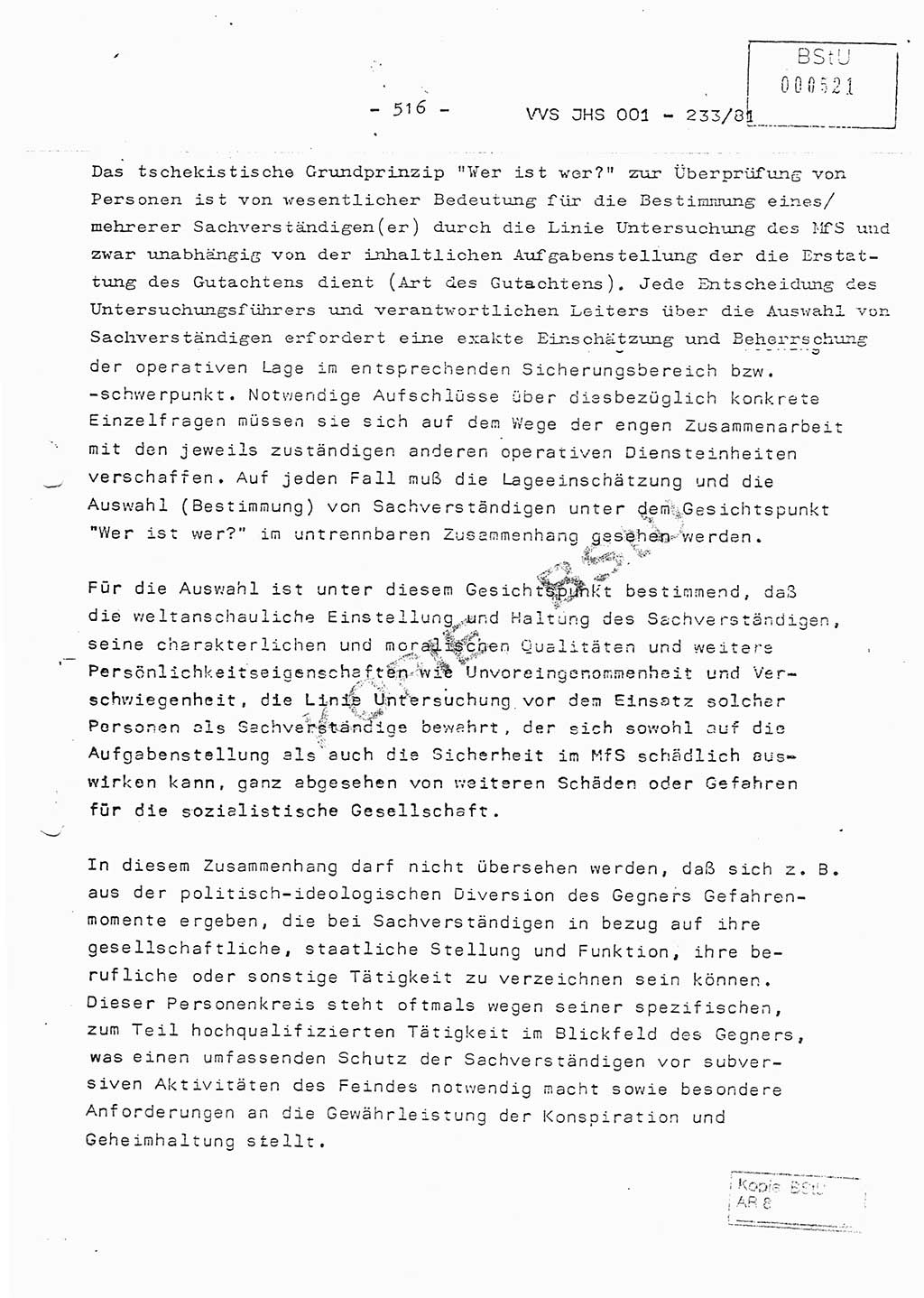 Dissertation Oberstleutnant Horst Zank (JHS), Oberstleutnant Dr. Karl-Heinz Knoblauch (JHS), Oberstleutnant Gustav-Adolf Kowalewski (HA Ⅸ), Oberstleutnant Wolfgang Plötner (HA Ⅸ), Ministerium für Staatssicherheit (MfS) [Deutsche Demokratische Republik (DDR)], Juristische Hochschule (JHS), Vertrauliche Verschlußsache (VVS) o001-233/81, Potsdam 1981, Blatt 516 (Diss. MfS DDR JHS VVS o001-233/81 1981, Bl. 516)