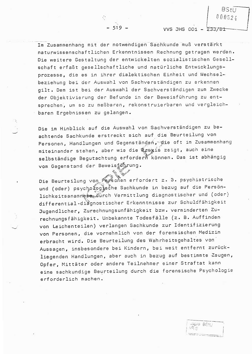 Dissertation Oberstleutnant Horst Zank (JHS), Oberstleutnant Dr. Karl-Heinz Knoblauch (JHS), Oberstleutnant Gustav-Adolf Kowalewski (HA Ⅸ), Oberstleutnant Wolfgang Plötner (HA Ⅸ), Ministerium für Staatssicherheit (MfS) [Deutsche Demokratische Republik (DDR)], Juristische Hochschule (JHS), Vertrauliche Verschlußsache (VVS) o001-233/81, Potsdam 1981, Blatt 519 (Diss. MfS DDR JHS VVS o001-233/81 1981, Bl. 519)