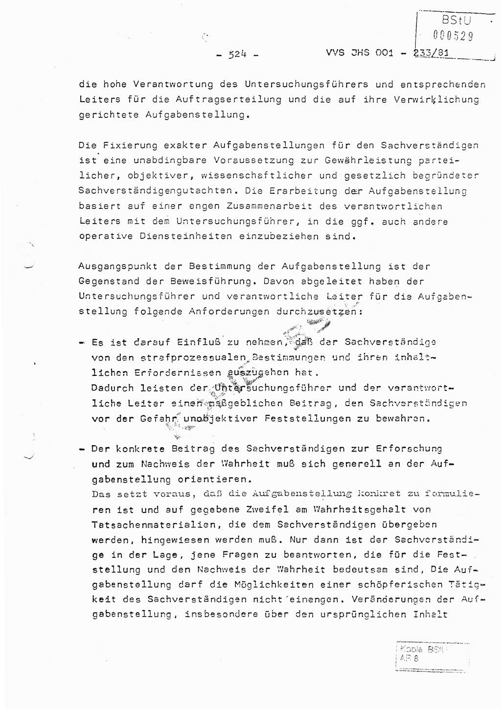 Dissertation Oberstleutnant Horst Zank (JHS), Oberstleutnant Dr. Karl-Heinz Knoblauch (JHS), Oberstleutnant Gustav-Adolf Kowalewski (HA Ⅸ), Oberstleutnant Wolfgang Plötner (HA Ⅸ), Ministerium für Staatssicherheit (MfS) [Deutsche Demokratische Republik (DDR)], Juristische Hochschule (JHS), Vertrauliche Verschlußsache (VVS) o001-233/81, Potsdam 1981, Blatt 524 (Diss. MfS DDR JHS VVS o001-233/81 1981, Bl. 524)