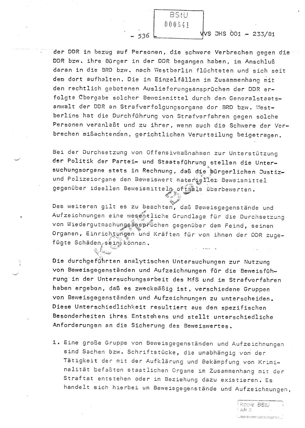Dissertation Oberstleutnant Horst Zank (JHS), Oberstleutnant Dr. Karl-Heinz Knoblauch (JHS), Oberstleutnant Gustav-Adolf Kowalewski (HA Ⅸ), Oberstleutnant Wolfgang Plötner (HA Ⅸ), Ministerium für Staatssicherheit (MfS) [Deutsche Demokratische Republik (DDR)], Juristische Hochschule (JHS), Vertrauliche Verschlußsache (VVS) o001-233/81, Potsdam 1981, Blatt 536 (Diss. MfS DDR JHS VVS o001-233/81 1981, Bl. 536)