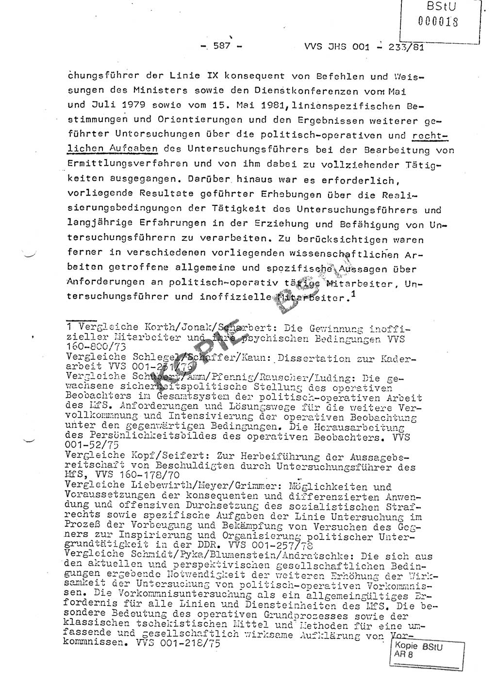 Dissertation Oberstleutnant Horst Zank (JHS), Oberstleutnant Dr. Karl-Heinz Knoblauch (JHS), Oberstleutnant Gustav-Adolf Kowalewski (HA Ⅸ), Oberstleutnant Wolfgang Plötner (HA Ⅸ), Ministerium für Staatssicherheit (MfS) [Deutsche Demokratische Republik (DDR)], Juristische Hochschule (JHS), Vertrauliche Verschlußsache (VVS) o001-233/81, Potsdam 1981, Blatt 587 (Diss. MfS DDR JHS VVS o001-233/81 1981, Bl. 587)