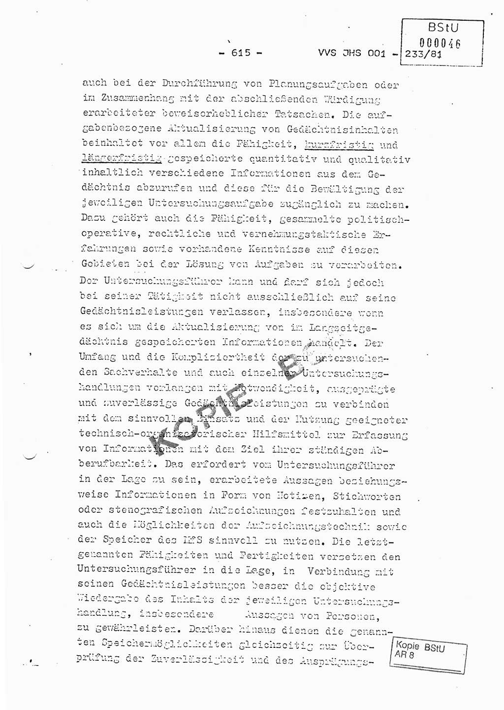 Dissertation Oberstleutnant Horst Zank (JHS), Oberstleutnant Dr. Karl-Heinz Knoblauch (JHS), Oberstleutnant Gustav-Adolf Kowalewski (HA Ⅸ), Oberstleutnant Wolfgang Plötner (HA Ⅸ), Ministerium für Staatssicherheit (MfS) [Deutsche Demokratische Republik (DDR)], Juristische Hochschule (JHS), Vertrauliche Verschlußsache (VVS) o001-233/81, Potsdam 1981, Blatt 615 (Diss. MfS DDR JHS VVS o001-233/81 1981, Bl. 615)