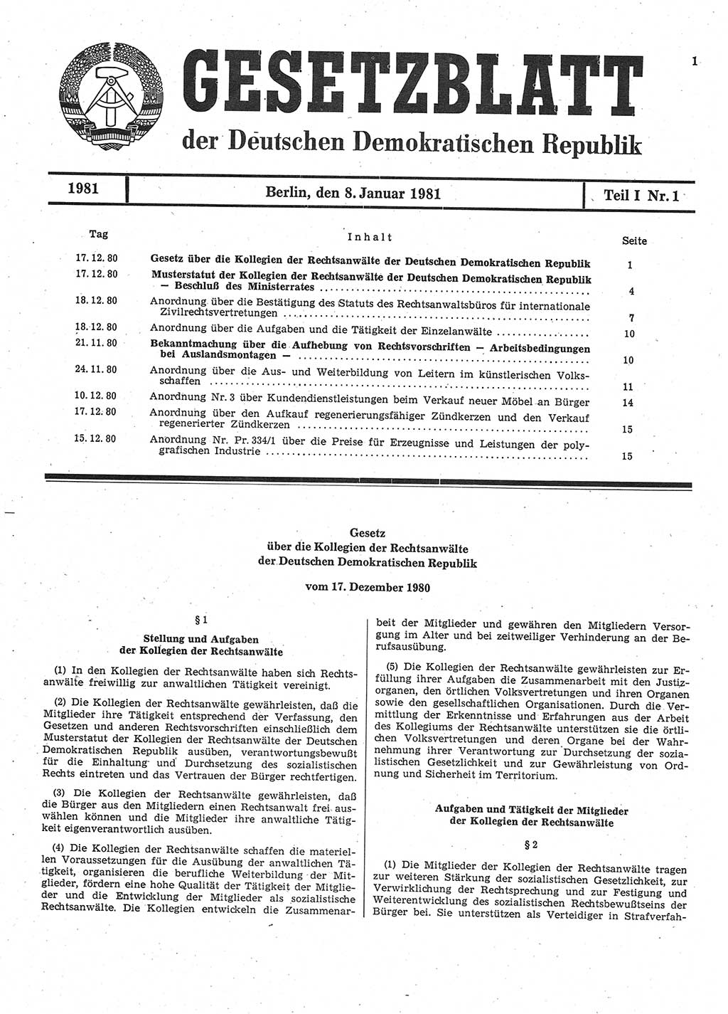 Gesetzblatt (GBl.) der Deutschen Demokratischen Republik (DDR) Teil Ⅰ 1981, Seite 1 (GBl. DDR Ⅰ 1981, S. 1)
