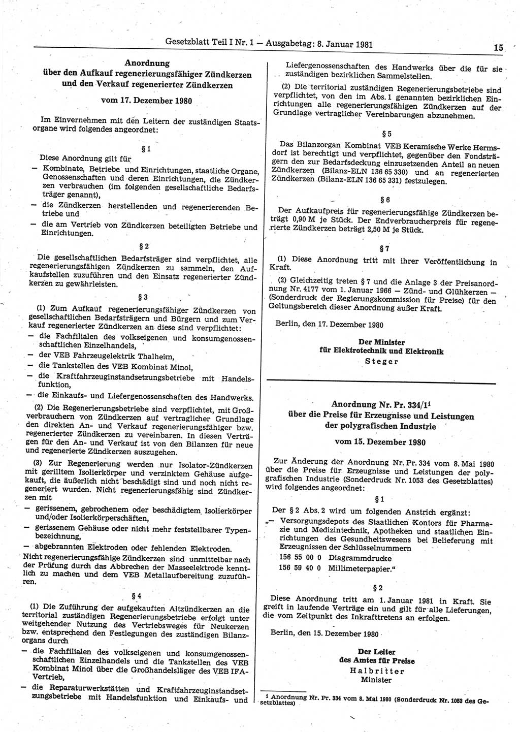 Gesetzblatt (GBl.) der Deutschen Demokratischen Republik (DDR) Teil Ⅰ 1981, Seite 15 (GBl. DDR Ⅰ 1981, S. 15)