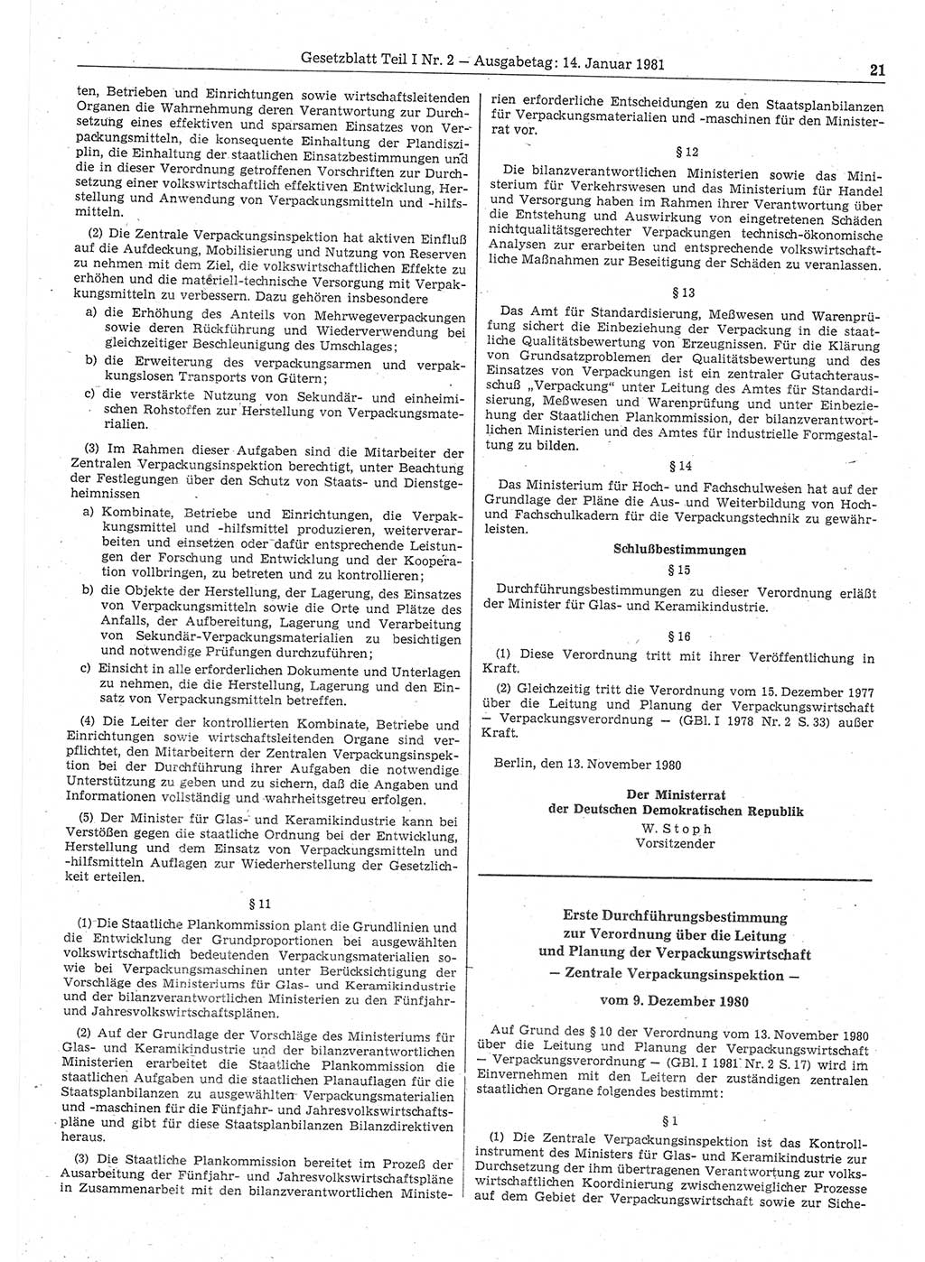 Gesetzblatt (GBl.) der Deutschen Demokratischen Republik (DDR) Teil Ⅰ 1981, Seite 21 (GBl. DDR Ⅰ 1981, S. 21)
