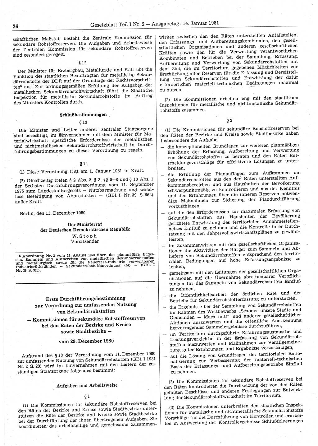 Gesetzblatt (GBl.) der Deutschen Demokratischen Republik (DDR) Teil Ⅰ 1981, Seite 26 (GBl. DDR Ⅰ 1981, S. 26)