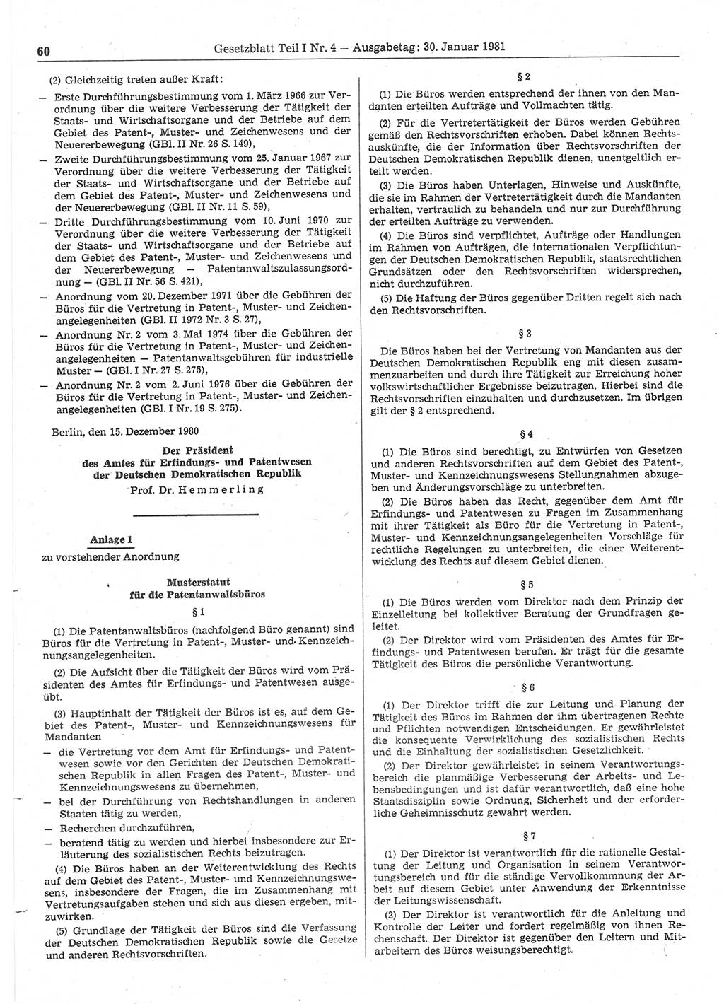 Gesetzblatt (GBl.) der Deutschen Demokratischen Republik (DDR) Teil Ⅰ 1981, Seite 60 (GBl. DDR Ⅰ 1981, S. 60)