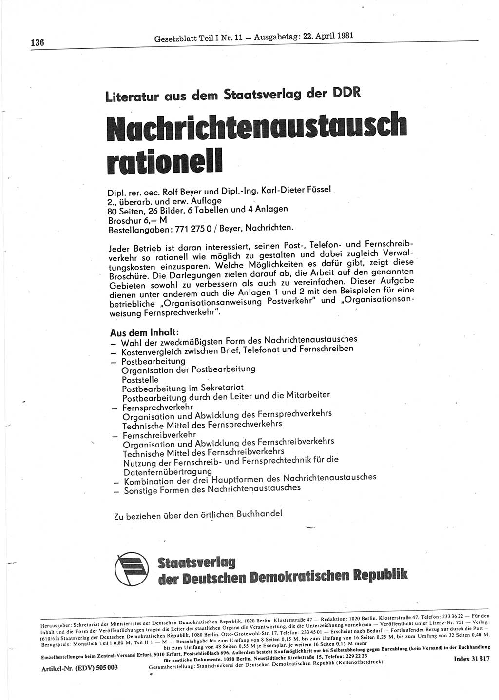 Gesetzblatt (GBl.) der Deutschen Demokratischen Republik (DDR) Teil Ⅰ 1981, Seite 136 (GBl. DDR Ⅰ 1981, S. 136)