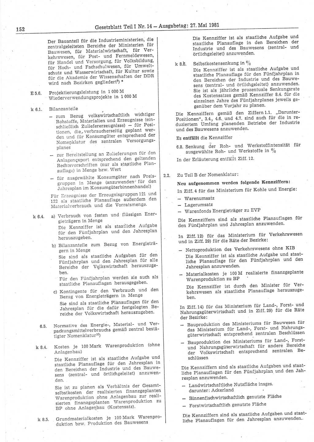 Gesetzblatt (GBl.) der Deutschen Demokratischen Republik (DDR) Teil Ⅰ 1981, Seite 152 (GBl. DDR Ⅰ 1981, S. 152)