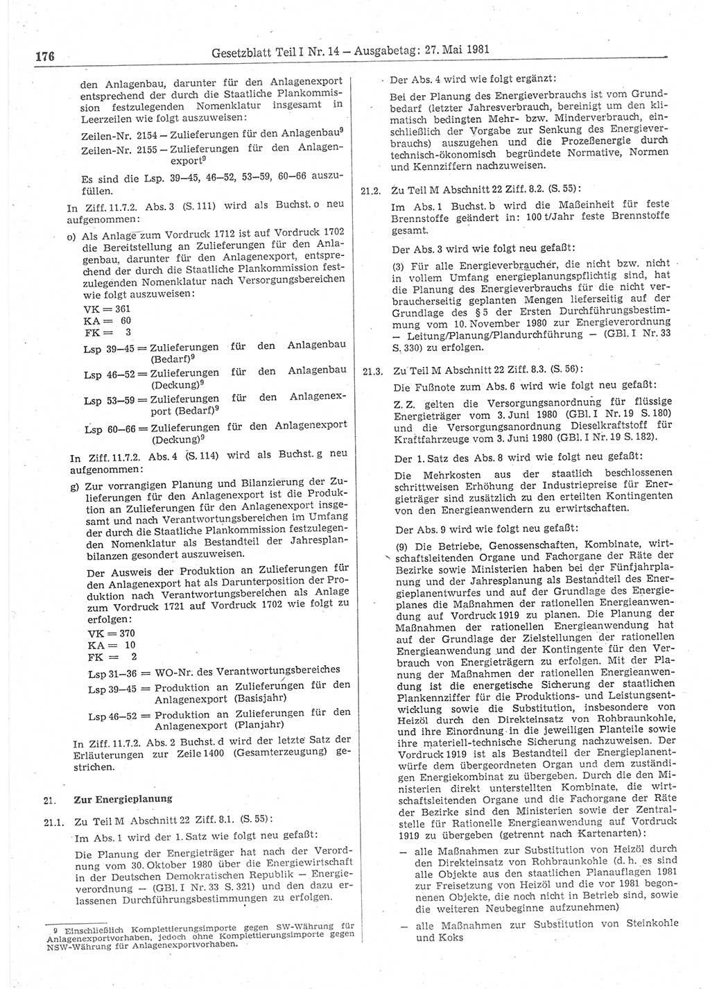 Gesetzblatt (GBl.) der Deutschen Demokratischen Republik (DDR) Teil Ⅰ 1981, Seite 176 (GBl. DDR Ⅰ 1981, S. 176)