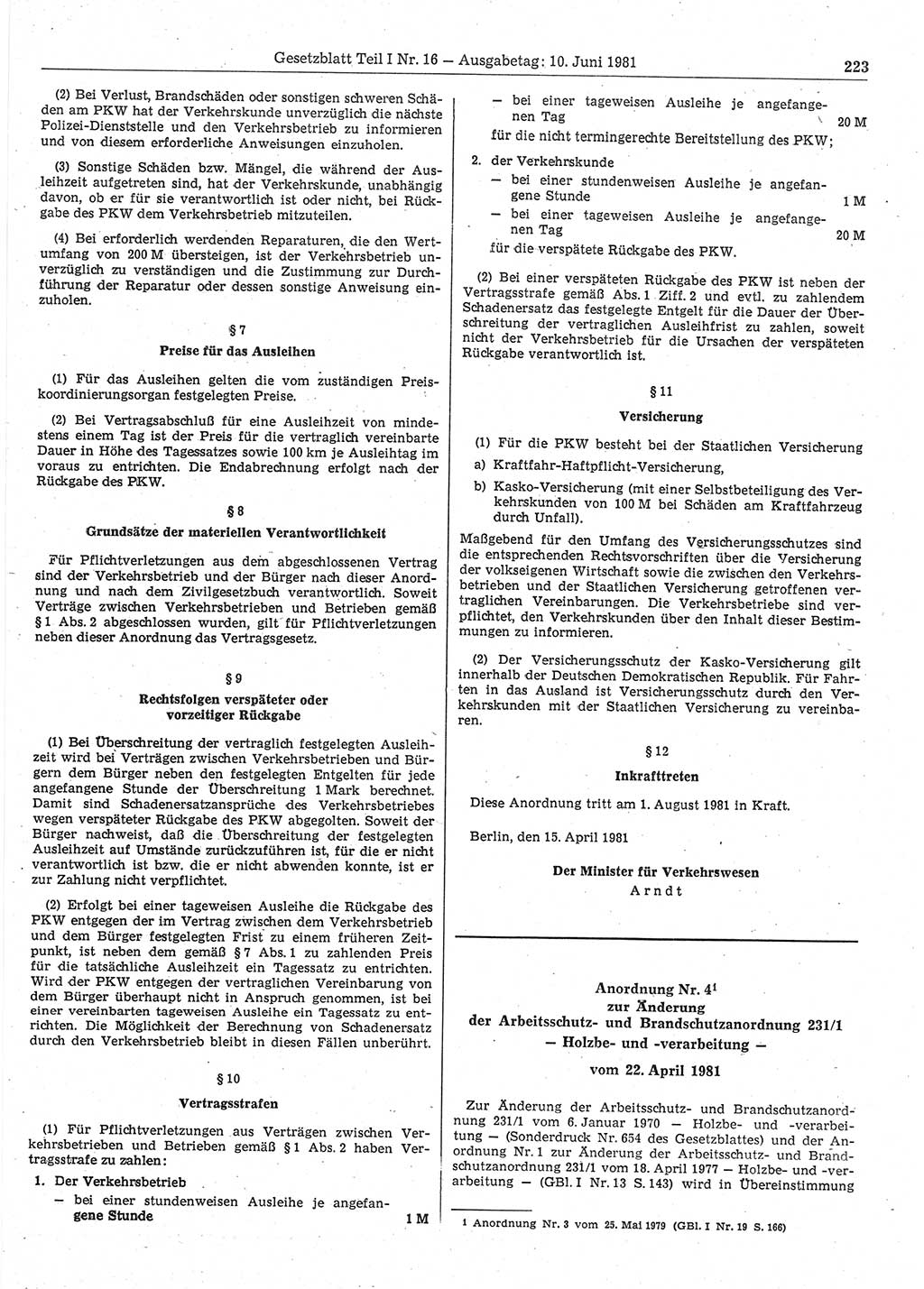 Gesetzblatt (GBl.) der Deutschen Demokratischen Republik (DDR) Teil Ⅰ 1981, Seite 223 (GBl. DDR Ⅰ 1981, S. 223)