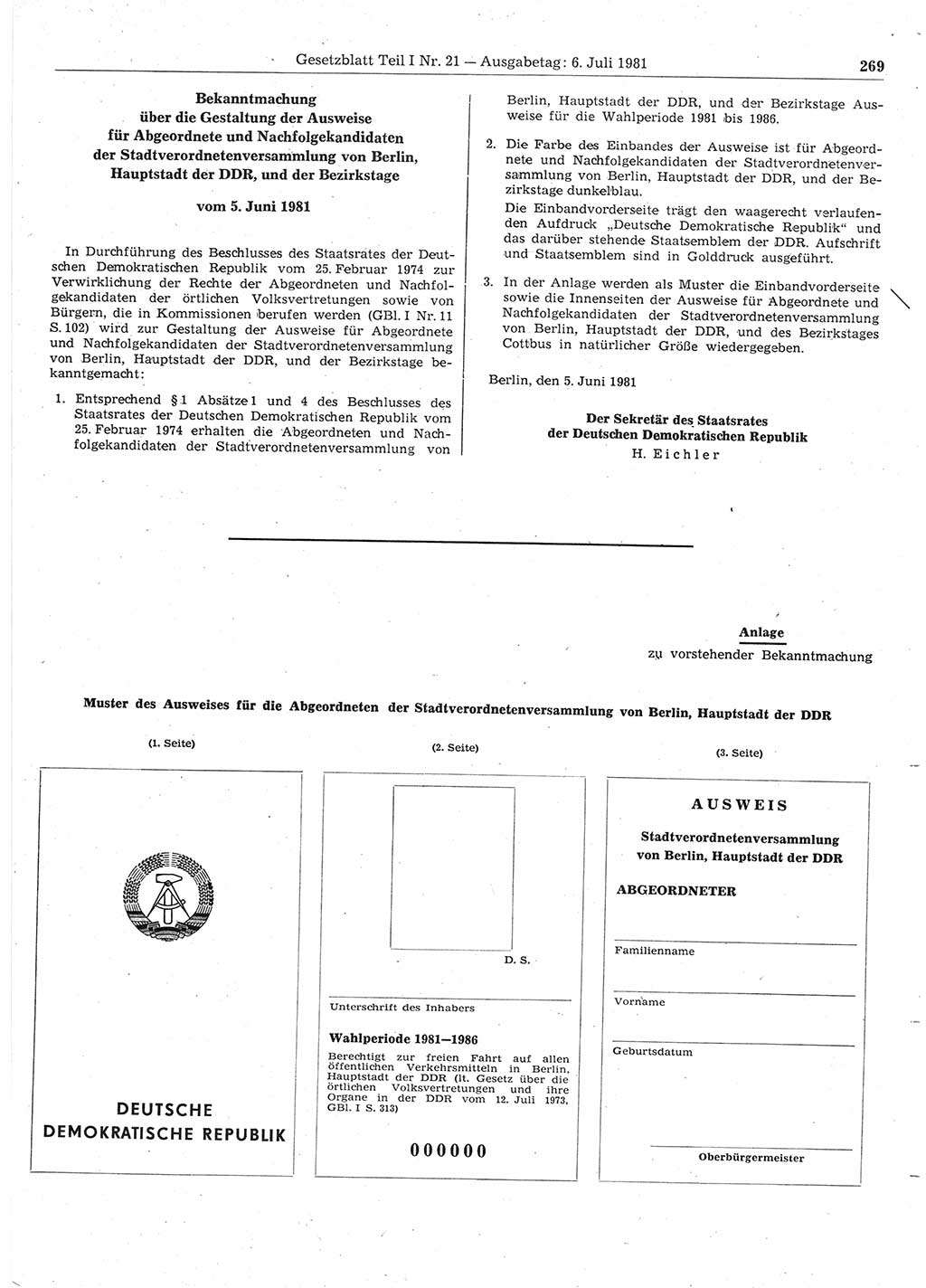 Gesetzblatt (GBl.) der Deutschen Demokratischen Republik (DDR) Teil Ⅰ 1981, Seite 269 (GBl. DDR Ⅰ 1981, S. 269)