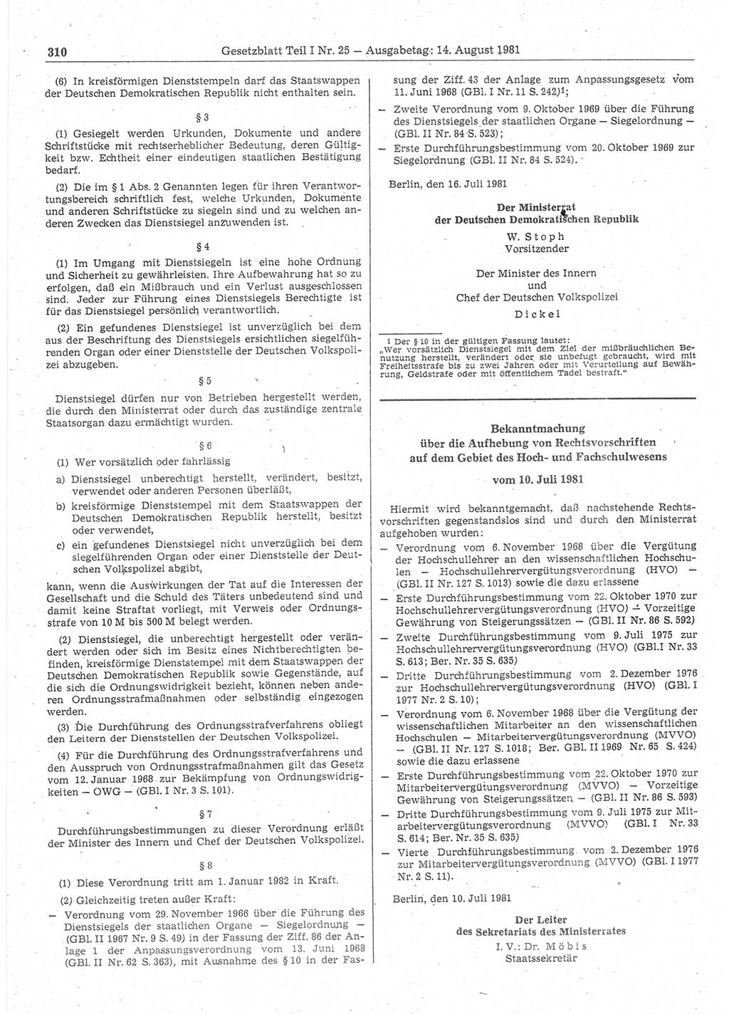 Gesetzblatt (GBl.) der Deutschen Demokratischen Republik (DDR) Teil Ⅰ 1981, Seite 310 (GBl. DDR Ⅰ 1981, S. 310)