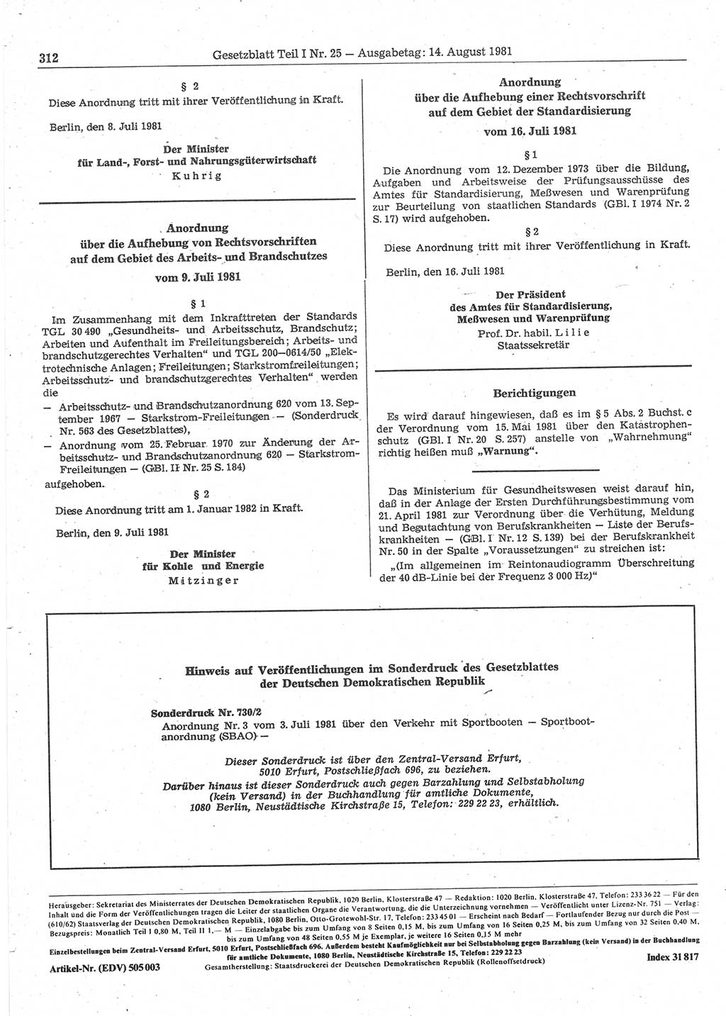 Gesetzblatt (GBl.) der Deutschen Demokratischen Republik (DDR) Teil Ⅰ 1981, Seite 312 (GBl. DDR Ⅰ 1981, S. 312)