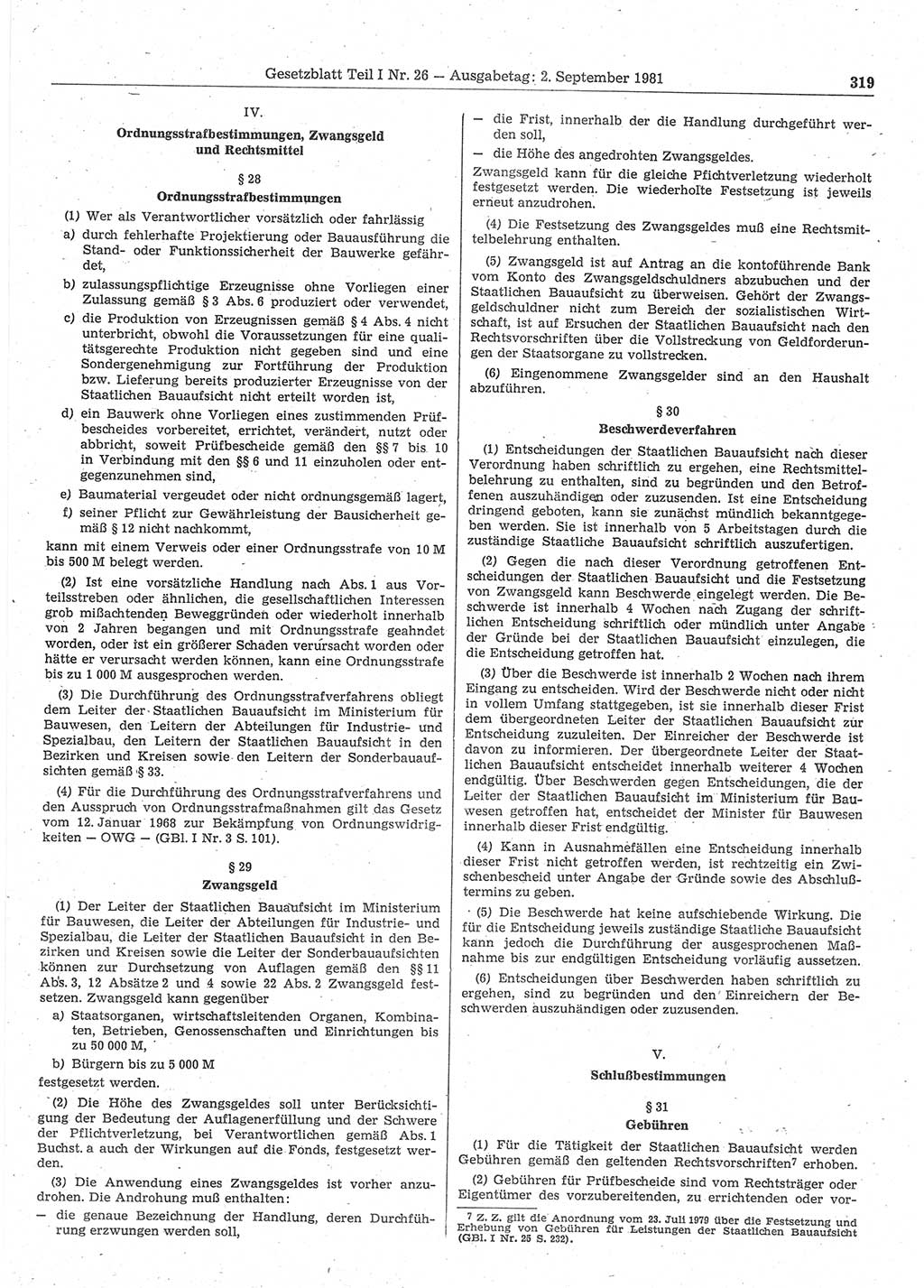 Gesetzblatt (GBl.) der Deutschen Demokratischen Republik (DDR) Teil Ⅰ 1981, Seite 319 (GBl. DDR Ⅰ 1981, S. 319)