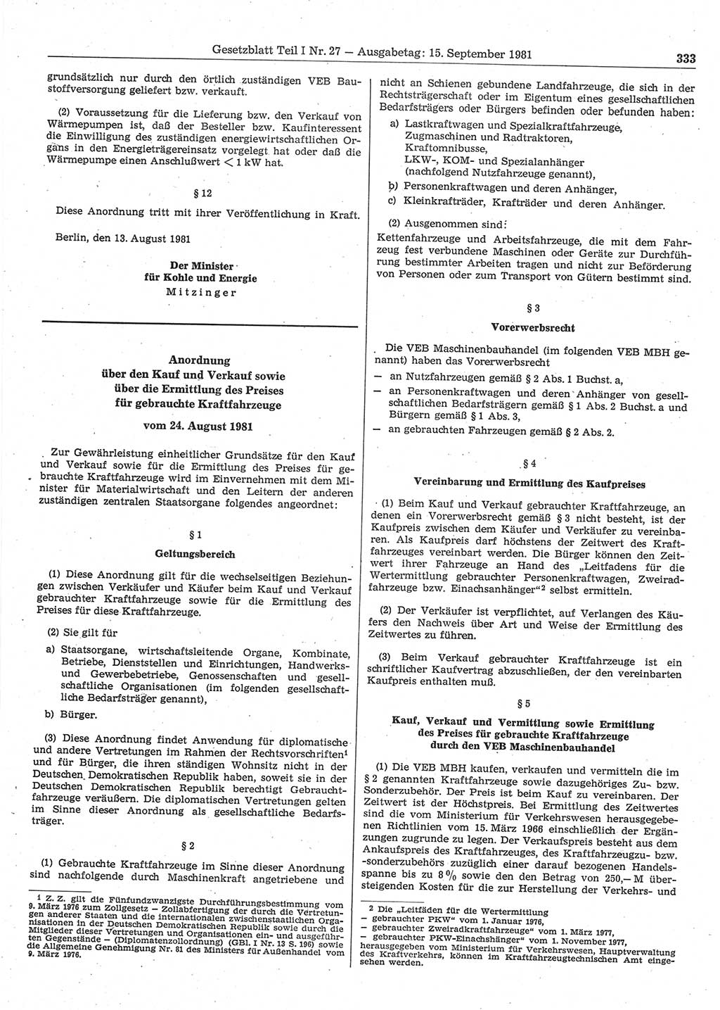 Gesetzblatt (GBl.) der Deutschen Demokratischen Republik (DDR) Teil Ⅰ 1981, Seite 333 (GBl. DDR Ⅰ 1981, S. 333)