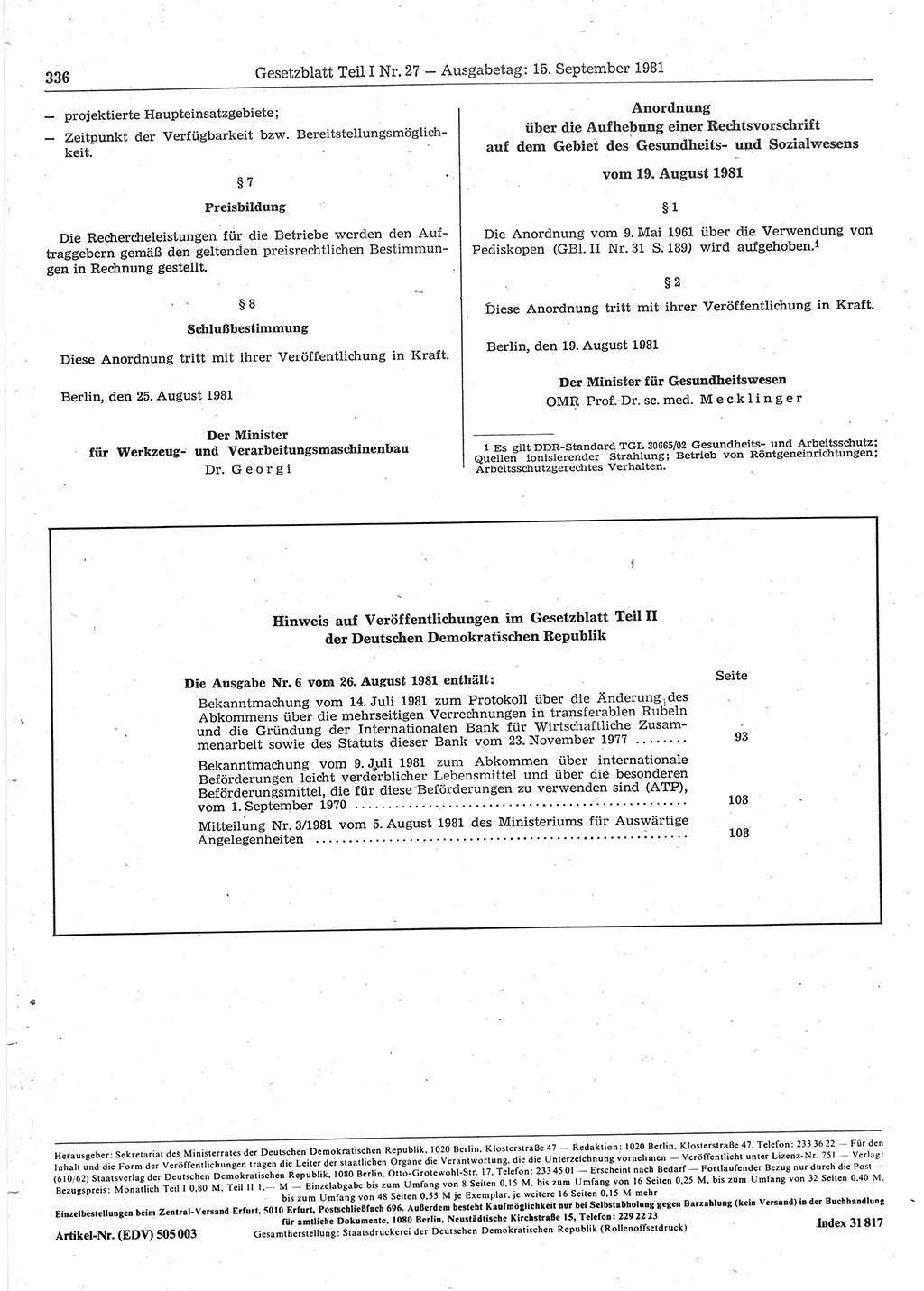 Gesetzblatt (GBl.) der Deutschen Demokratischen Republik (DDR) Teil Ⅰ 1981, Seite 336 (GBl. DDR Ⅰ 1981, S. 336)