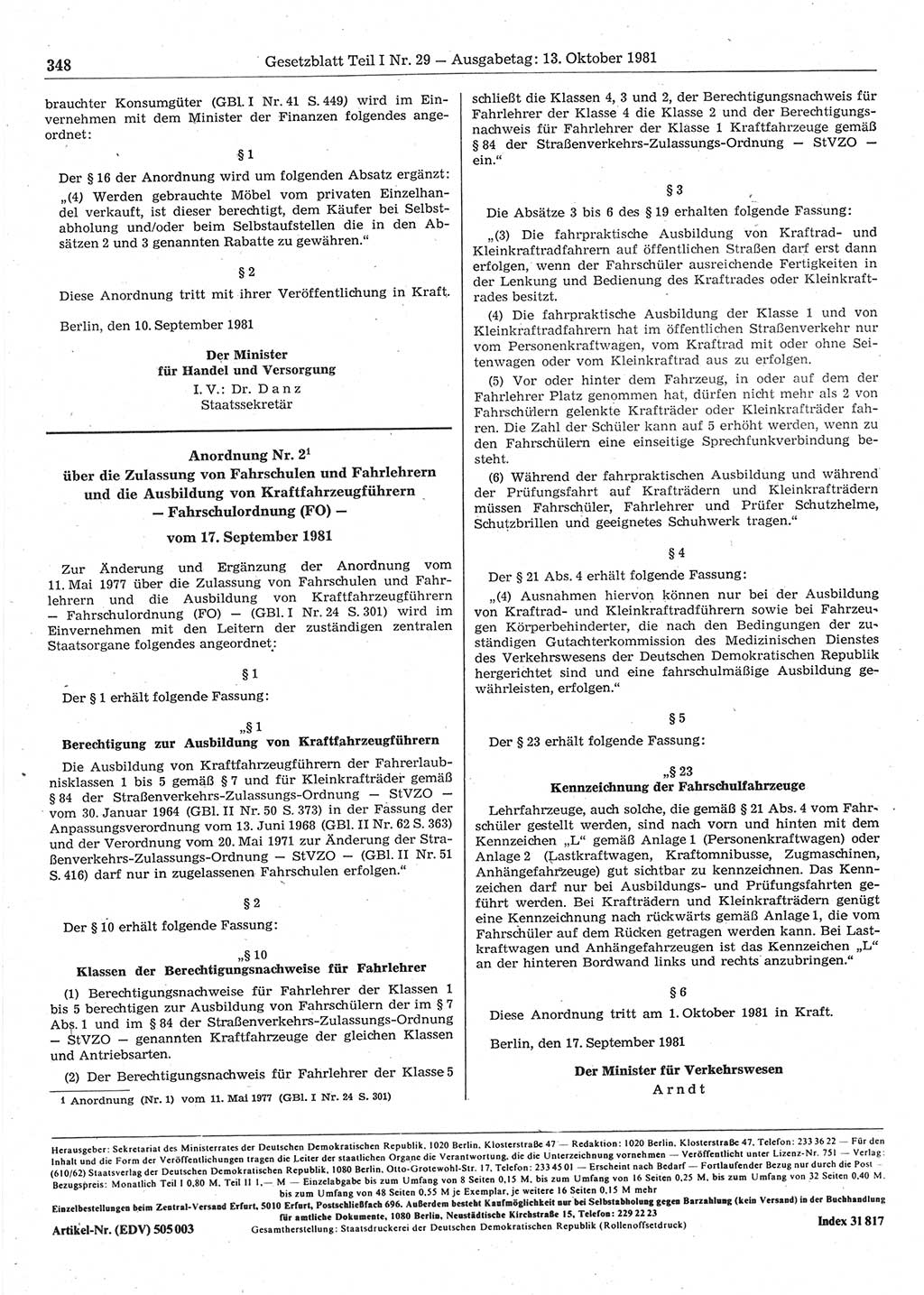 Gesetzblatt (GBl.) der Deutschen Demokratischen Republik (DDR) Teil Ⅰ 1981, Seite 348 (GBl. DDR Ⅰ 1981, S. 348)