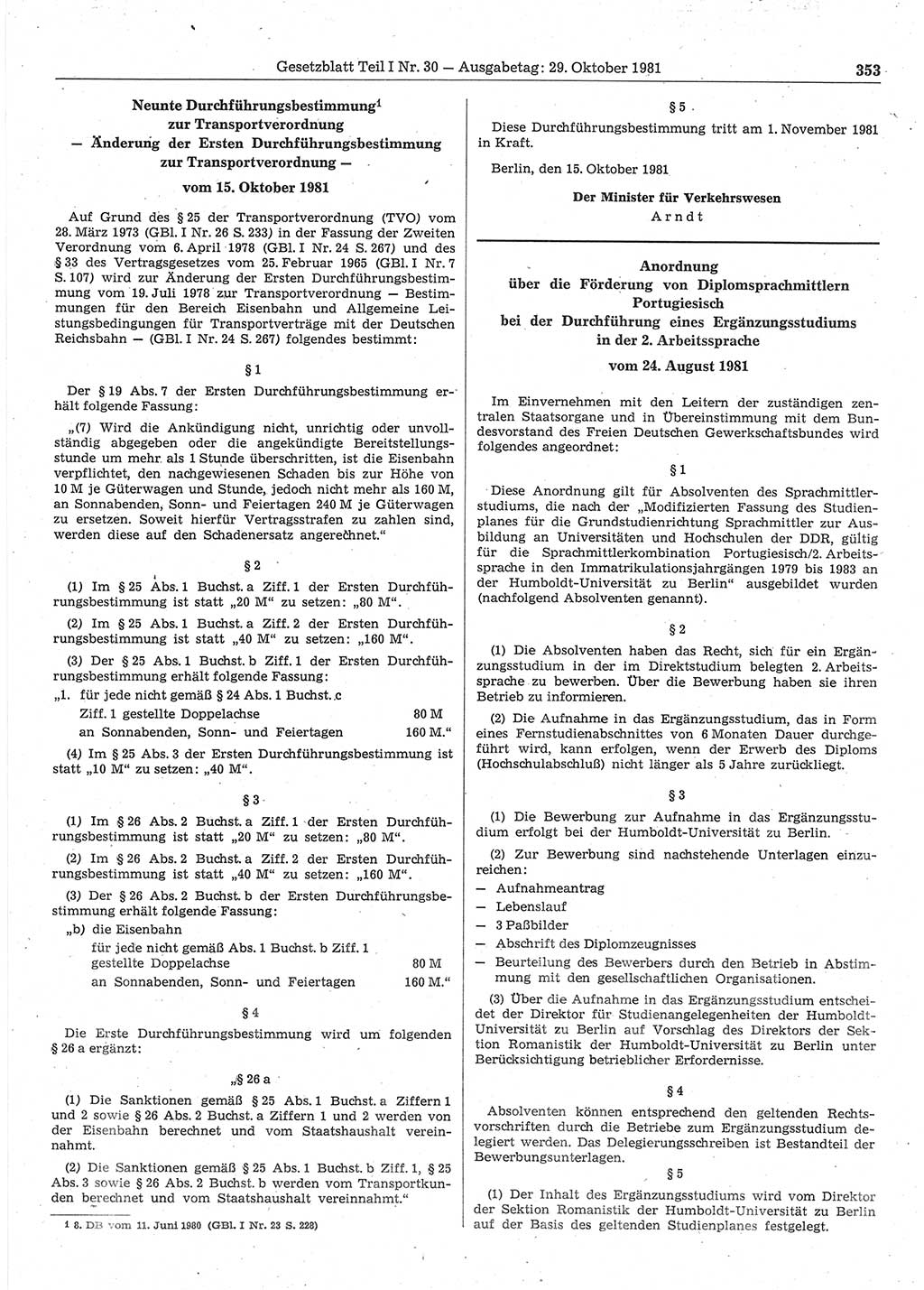 Gesetzblatt (GBl.) der Deutschen Demokratischen Republik (DDR) Teil Ⅰ 1981, Seite 353 (GBl. DDR Ⅰ 1981, S. 353)