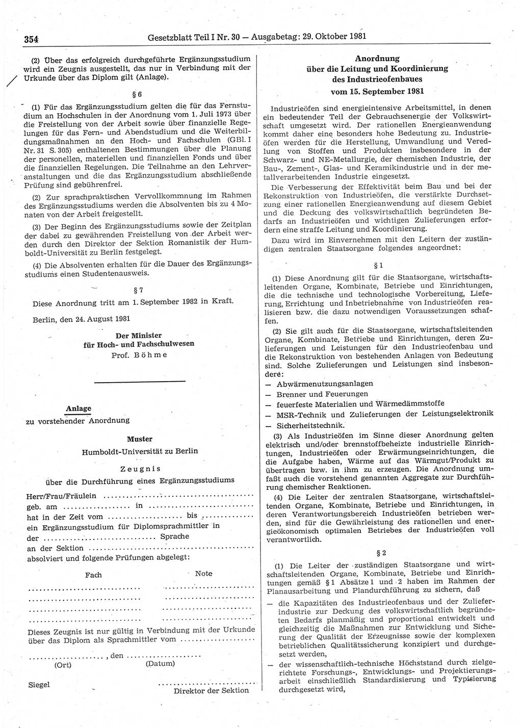 Gesetzblatt (GBl.) der Deutschen Demokratischen Republik (DDR) Teil Ⅰ 1981, Seite 354 (GBl. DDR Ⅰ 1981, S. 354)