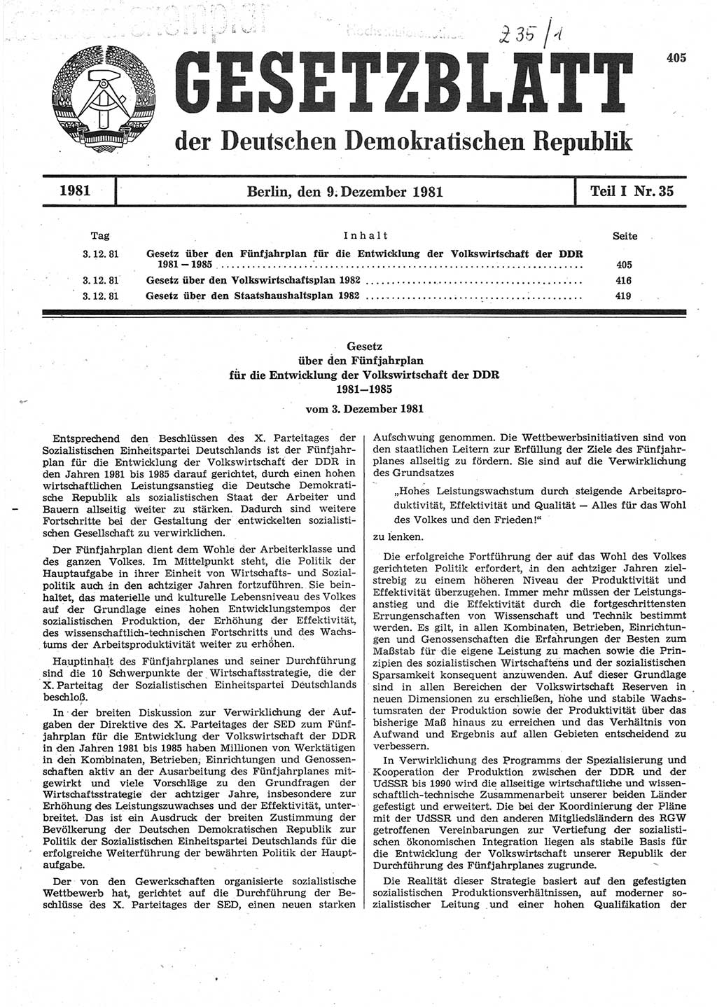 Gesetzblatt (GBl.) der Deutschen Demokratischen Republik (DDR) Teil Ⅰ 1981, Seite 405 (GBl. DDR Ⅰ 1981, S. 405)