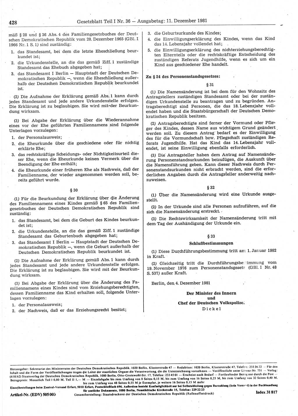 Gesetzblatt (GBl.) der Deutschen Demokratischen Republik (DDR) Teil Ⅰ 1981, Seite 428 (GBl. DDR Ⅰ 1981, S. 428)
