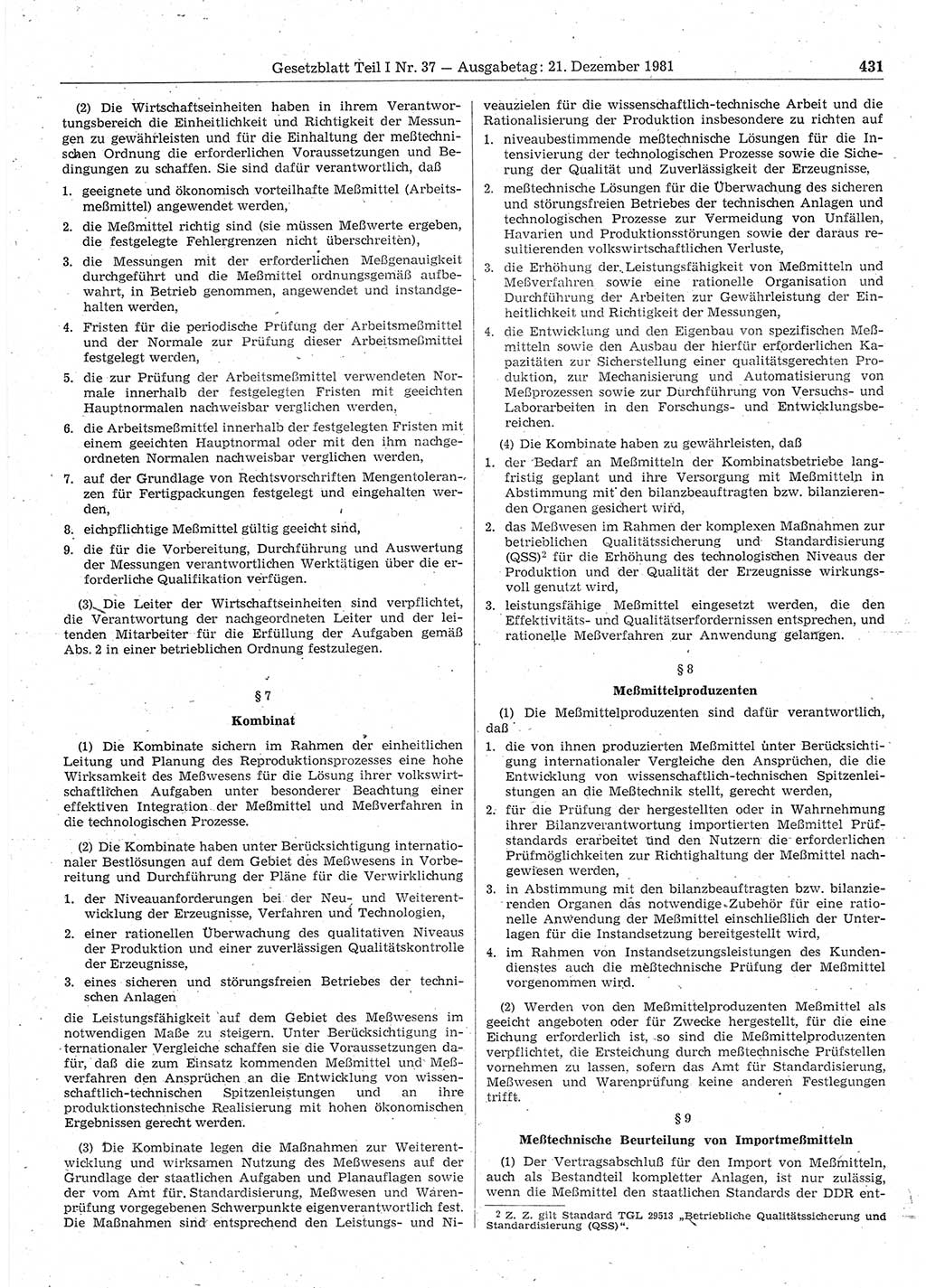 Gesetzblatt (GBl.) der Deutschen Demokratischen Republik (DDR) Teil Ⅰ 1981, Seite 431 (GBl. DDR Ⅰ 1981, S. 431)